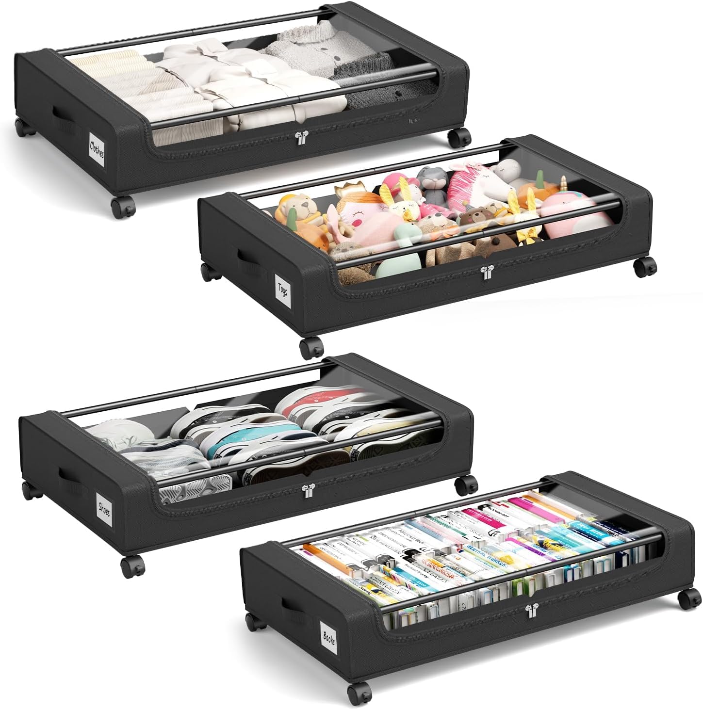 PHINOX Unterbett-Aufbewahrungsbox mit Rollen,4 Stück (74x42x16cm) - Schwarz Aufbewahrungsbox mit Klarsichtdeckel aus Stoff & Metall für Kleidung, Schuhe, Spielzeug