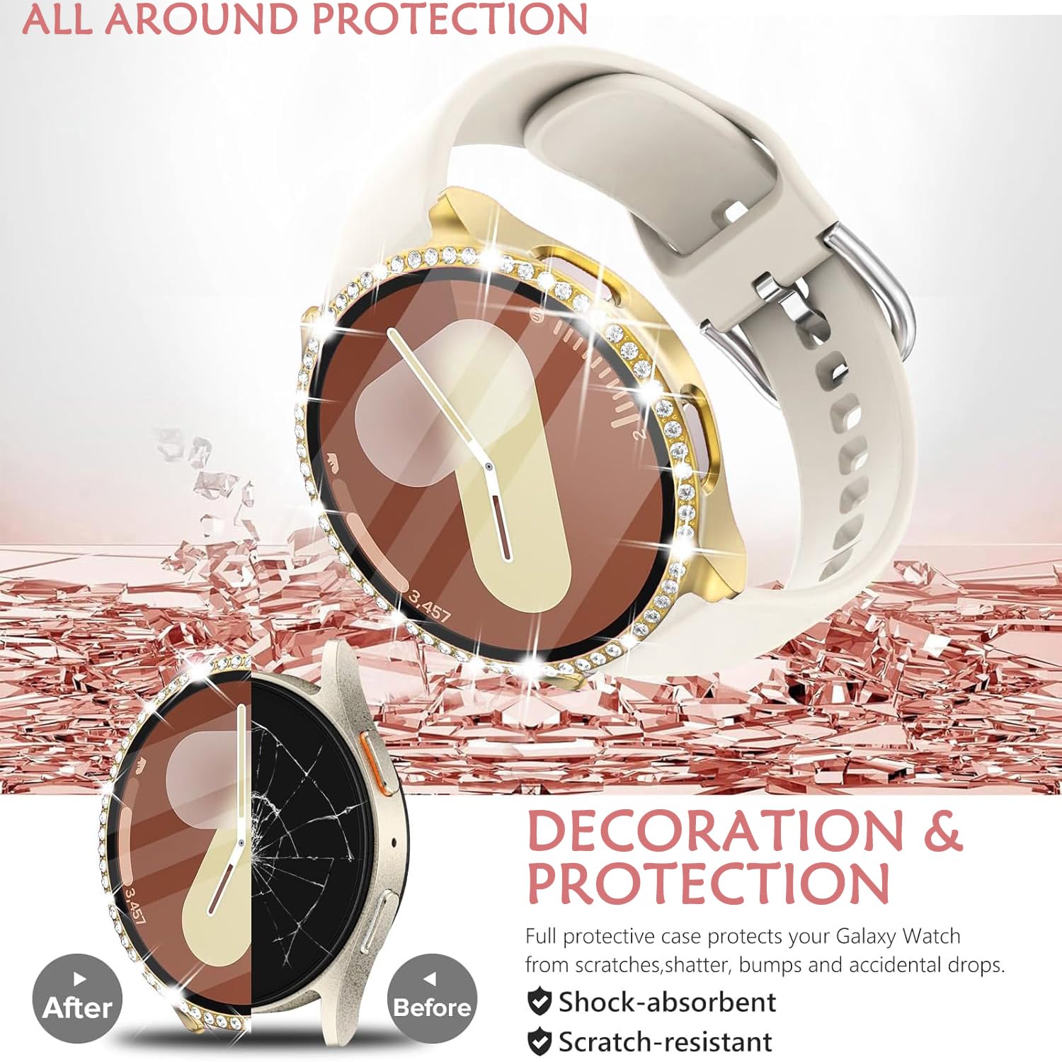 DEALELE [2-PACK] Case Compatible with Samsung Galaxy Watch 5/4 44mm, Bling Single-Row Diamond PC Protective Case Replacement Watch Cover Bumper (44mm, Gold+Transparent) — view 51