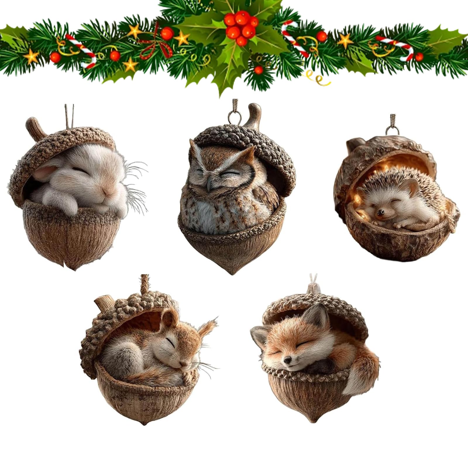Ornements de noël suspendus en acrylique forêt et animaux de gland pour sapin