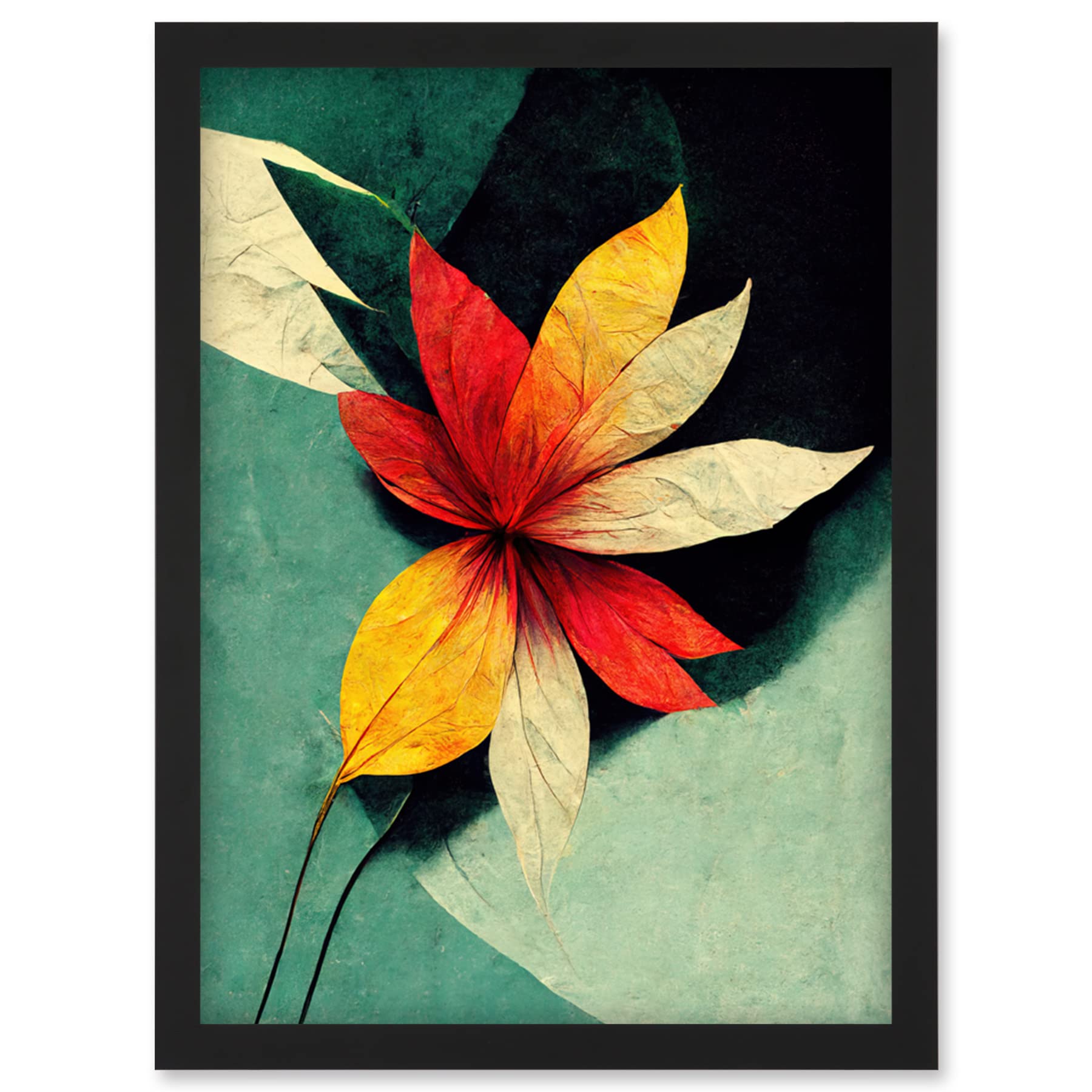 Abstract Flowers Teal Red Yellow Framed Wall Art Print A4 - Artery8