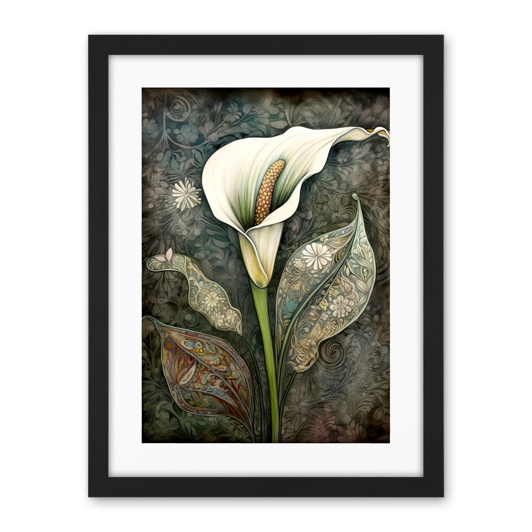 Artery8 Calla Lily Flower Bloom with Batik Style Patterns Artwork Framed Wall Art Print 18X24 Inch
