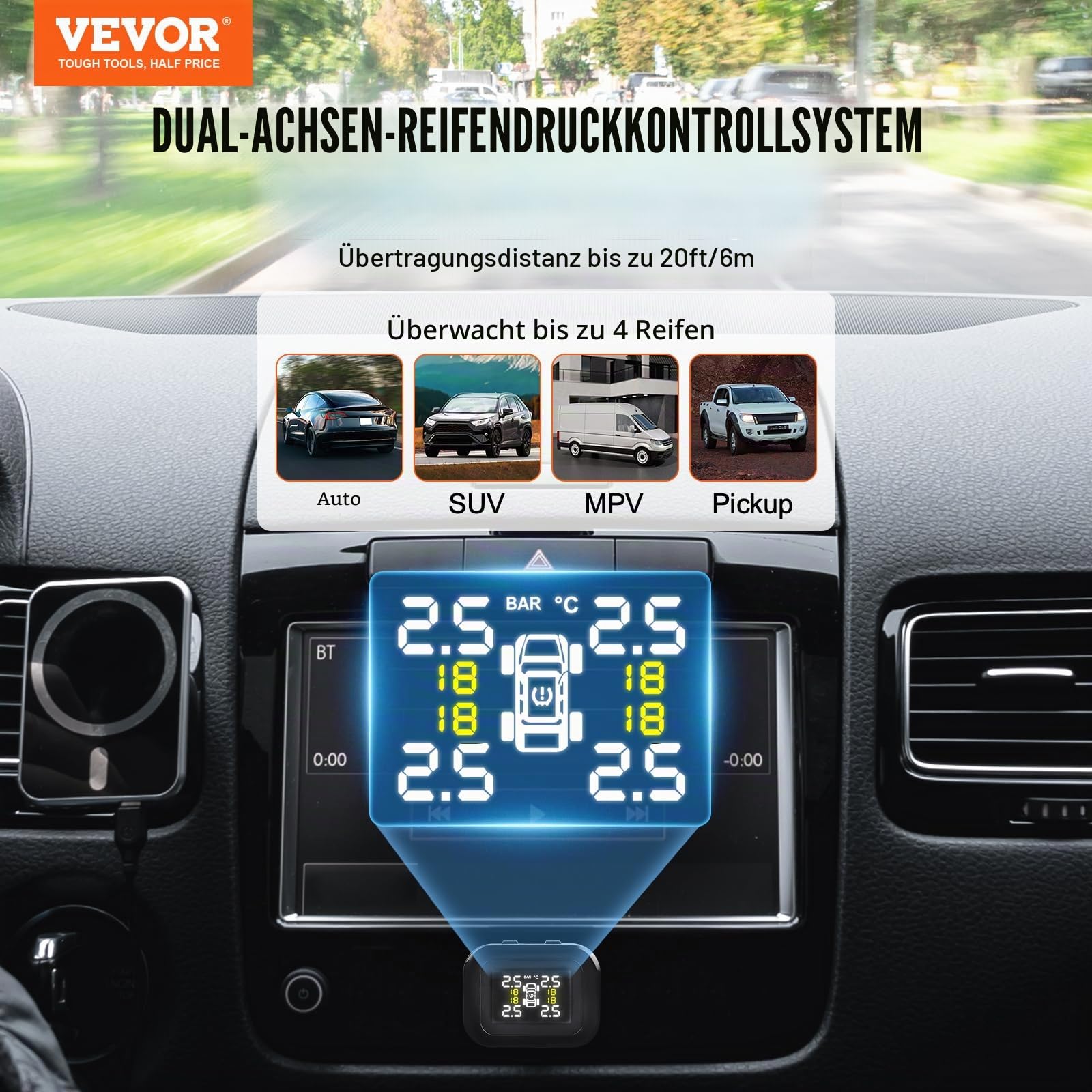 VEVOR Reifendrucküberwachungssystem für Wohnmobile, 7,3–87 psi Anhänger-TPMS, universelles kabelloses Autoalarmsystem wasserdichtes TPMS-Sensorset mit 4 Sensoren 5 Alarmmodi Echtzeitanzeige