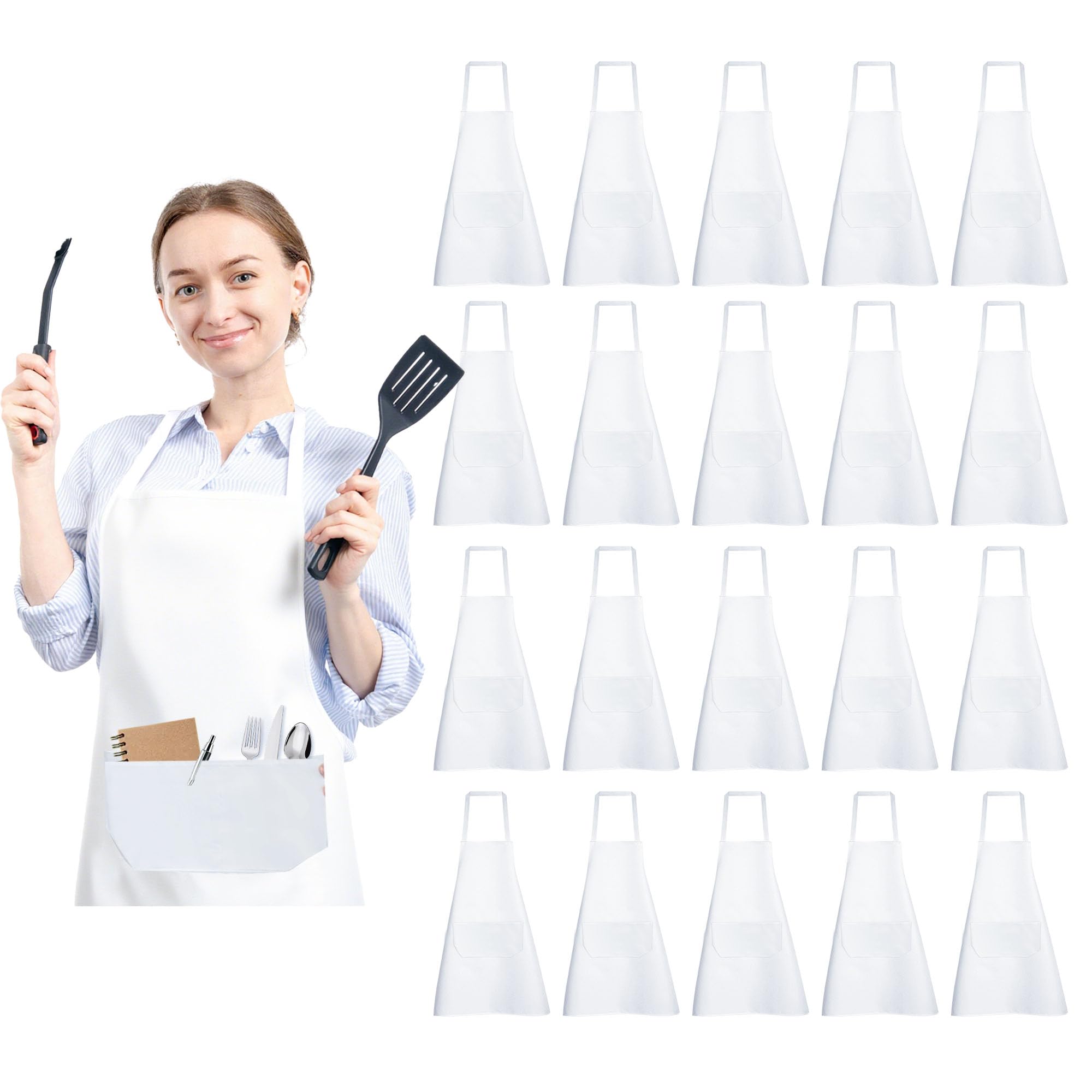 Confezione da 20 grembiuli da cuoco unisex, con 2 tasche, grembiule da cucina per pittura, cucina, catering, ristorante