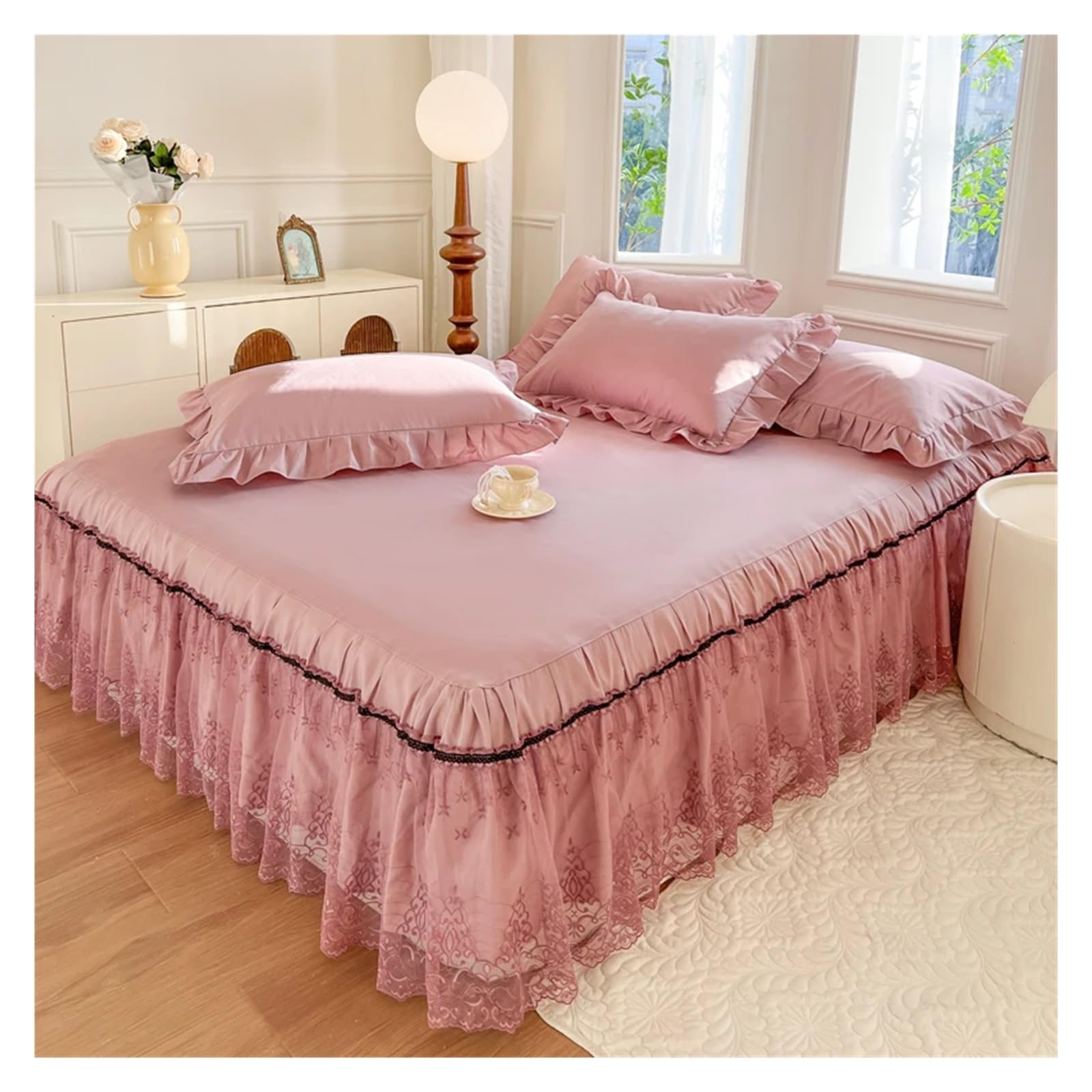Lace Bed Skirt With Pillowcases Bedding Bedspreads Sheet Solid Color Lace Bedding Set(01,180x220cm 3pcs)