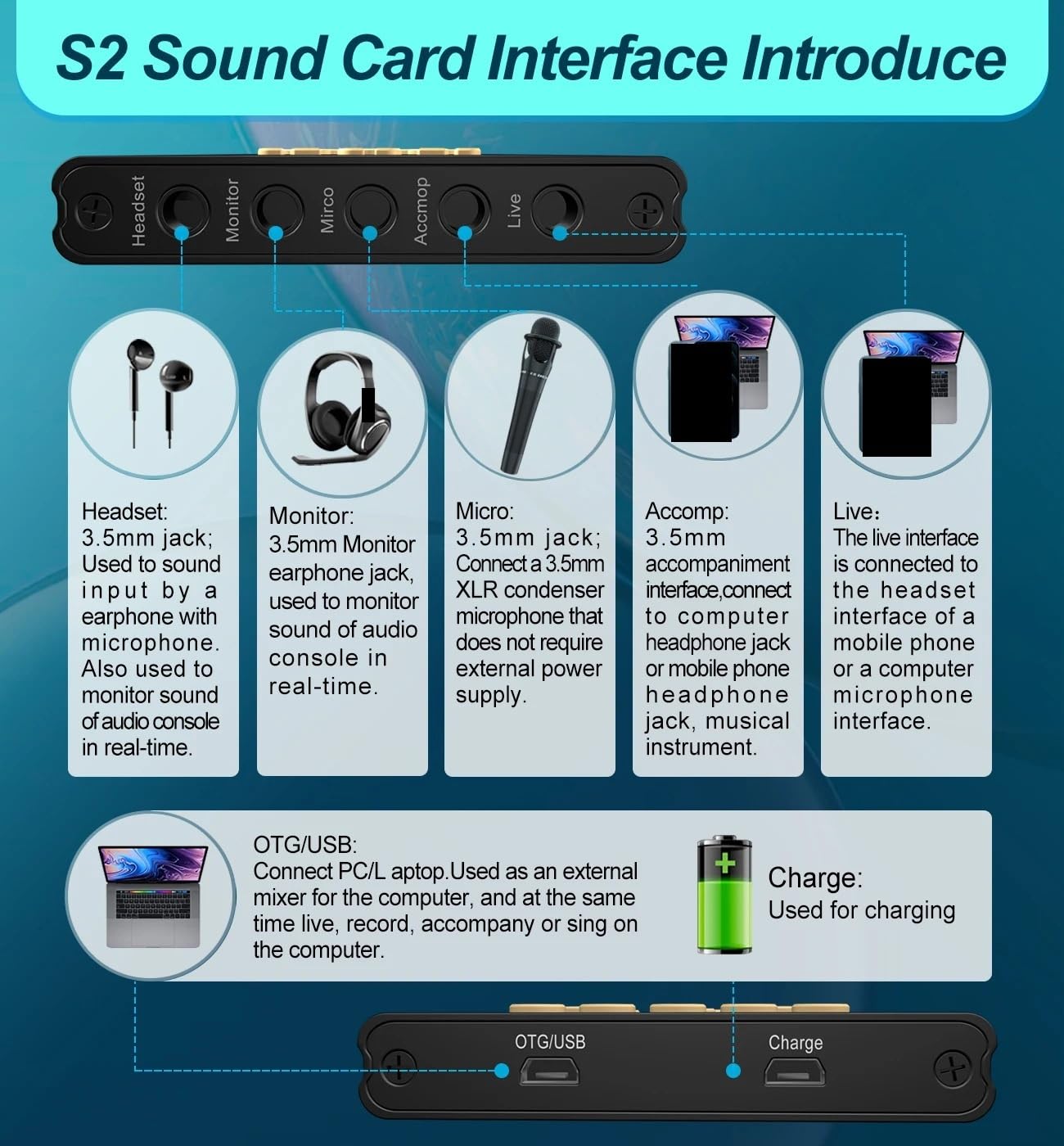 Mezclador de Audio, S2 Interfaz de Tarjeta de Sonido en Vivo Mezclador de DJ Kit de Tarjeta de Sonido USB Cambiador de Voz Sonido Amplio Bluetooth para Karaoke, Estudio, Streaming y grabación