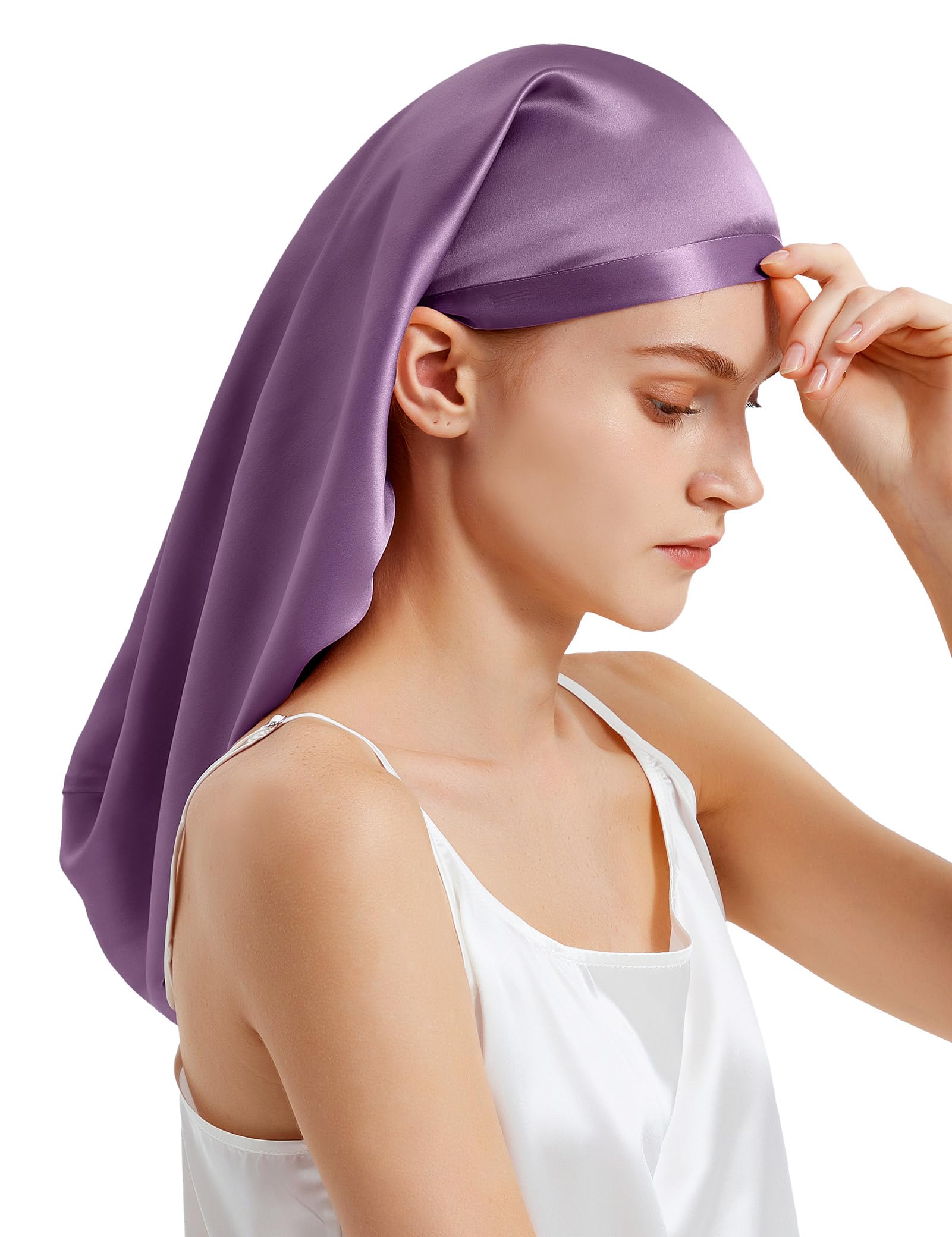LilySilk 100% Silk Bonnet Mulberry 19 Momme Silk Sleep Cap Long for Curly Hair Night Cap for Sleeping, Silk Hair Wrap for Women Lavender