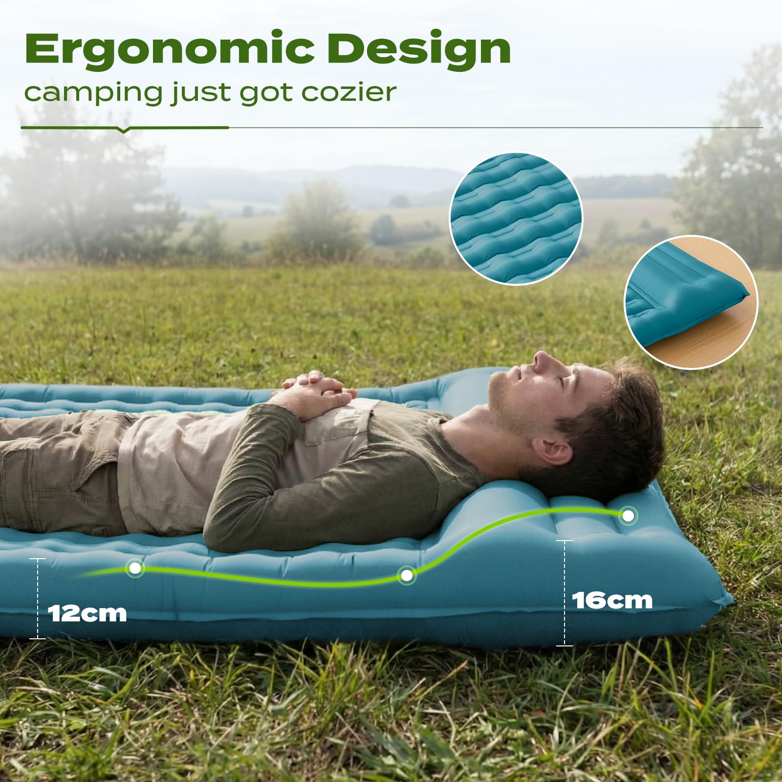 Materassino da Campeggio per Due con Pompa a Pedale, Autogonfiabile Materasso Gonfiabile XXL, Gonfiabile doppio con Cuscino, Verde acqua, 196x135x12cm Oversized (Motivo a quadri)