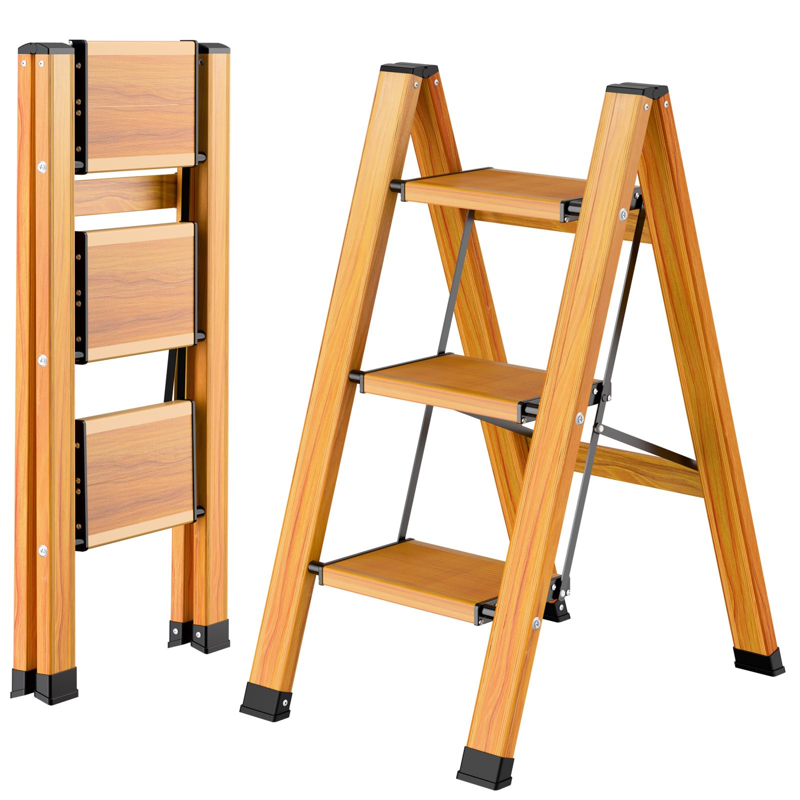 escalera plegable de aluminio de 3 peldaños, escalera portátil antideslizante, escalera multifunción con diseño de veta de madera, soporta hasta 150 kg para el hogar, cocina, baño, camping