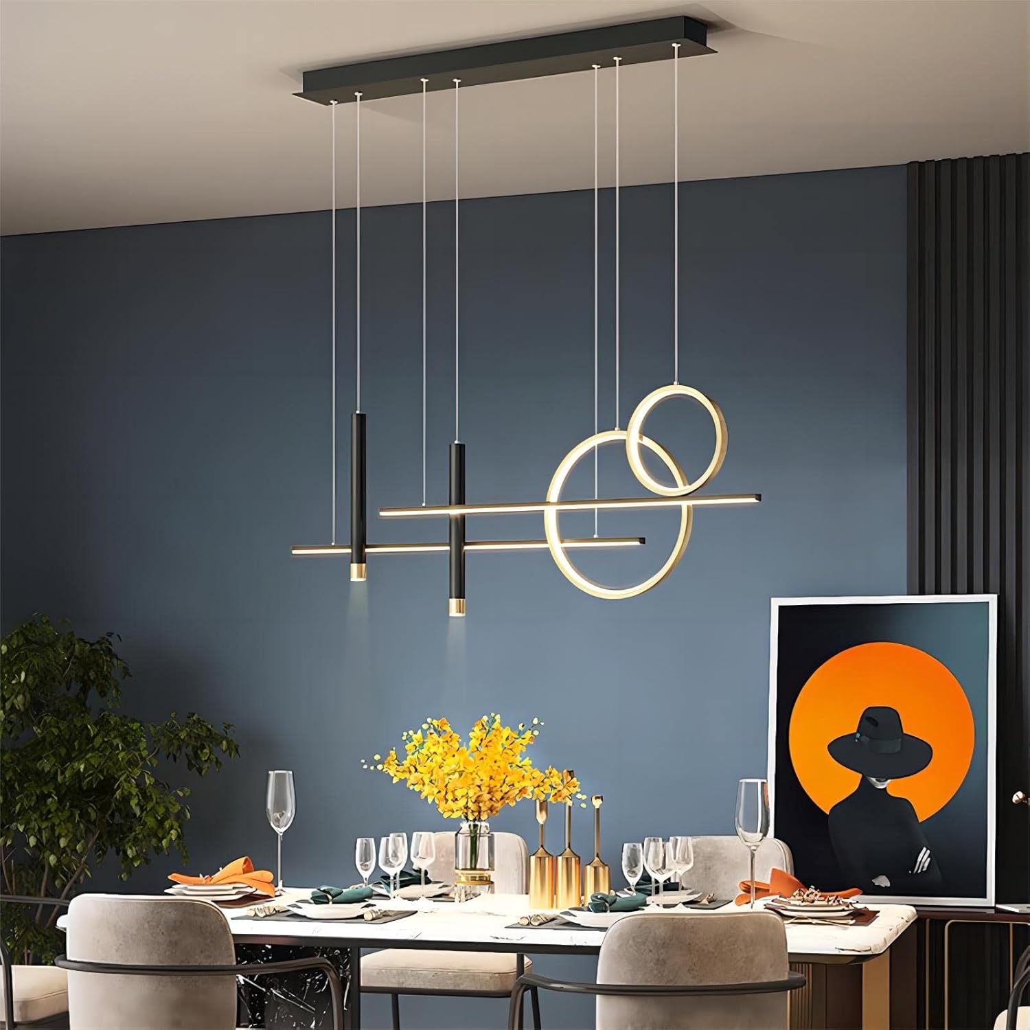 6 Lights LED Island Light, 39.4 Inch Creative Island Light with Remote Control & Infinitely Dimmable Hanging Light, Geometric Linear Pendant Light for Dining Room, Black