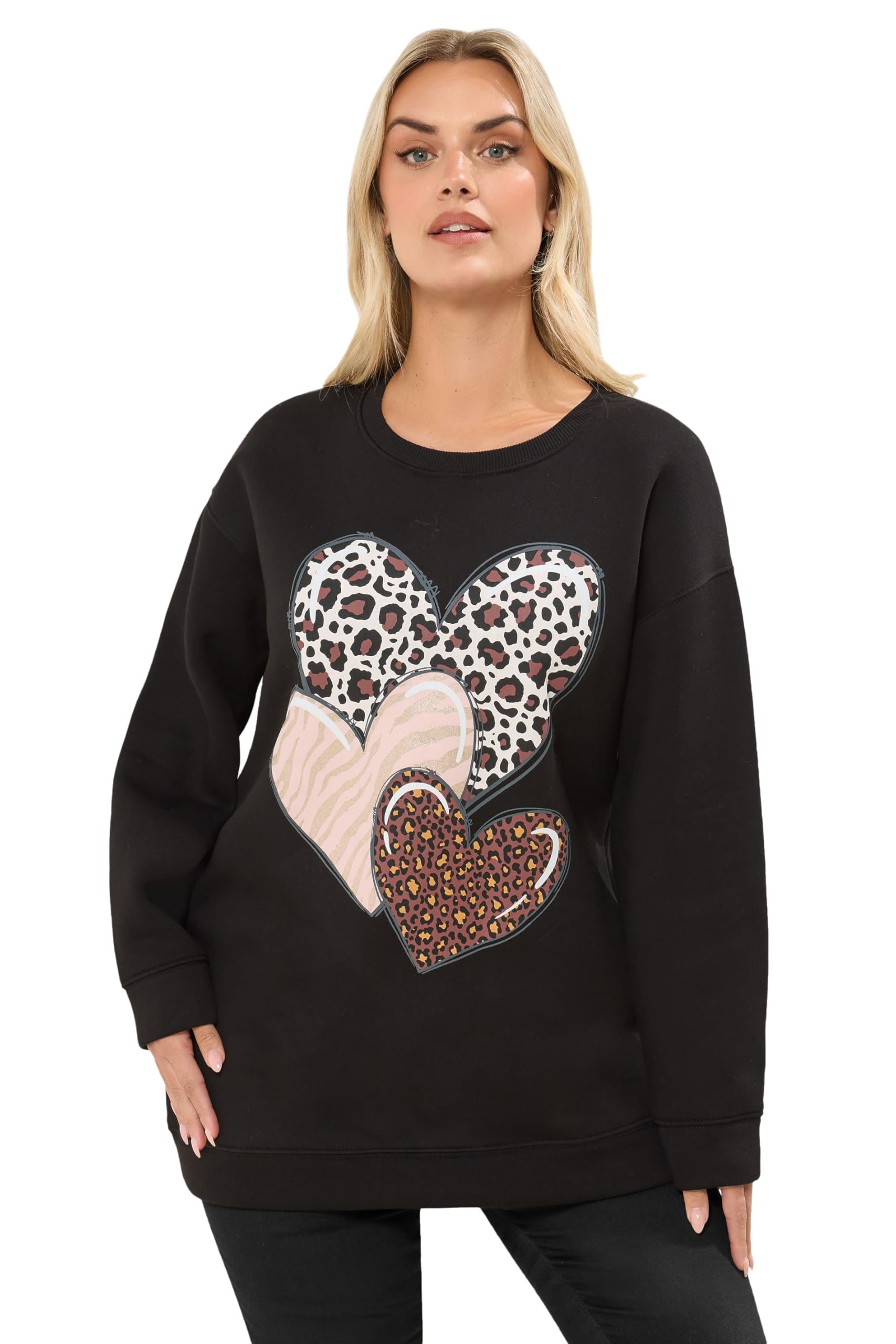 Yours Women's Black Curve Leopard Print Heart Sweatshirt - Plus Size Curve