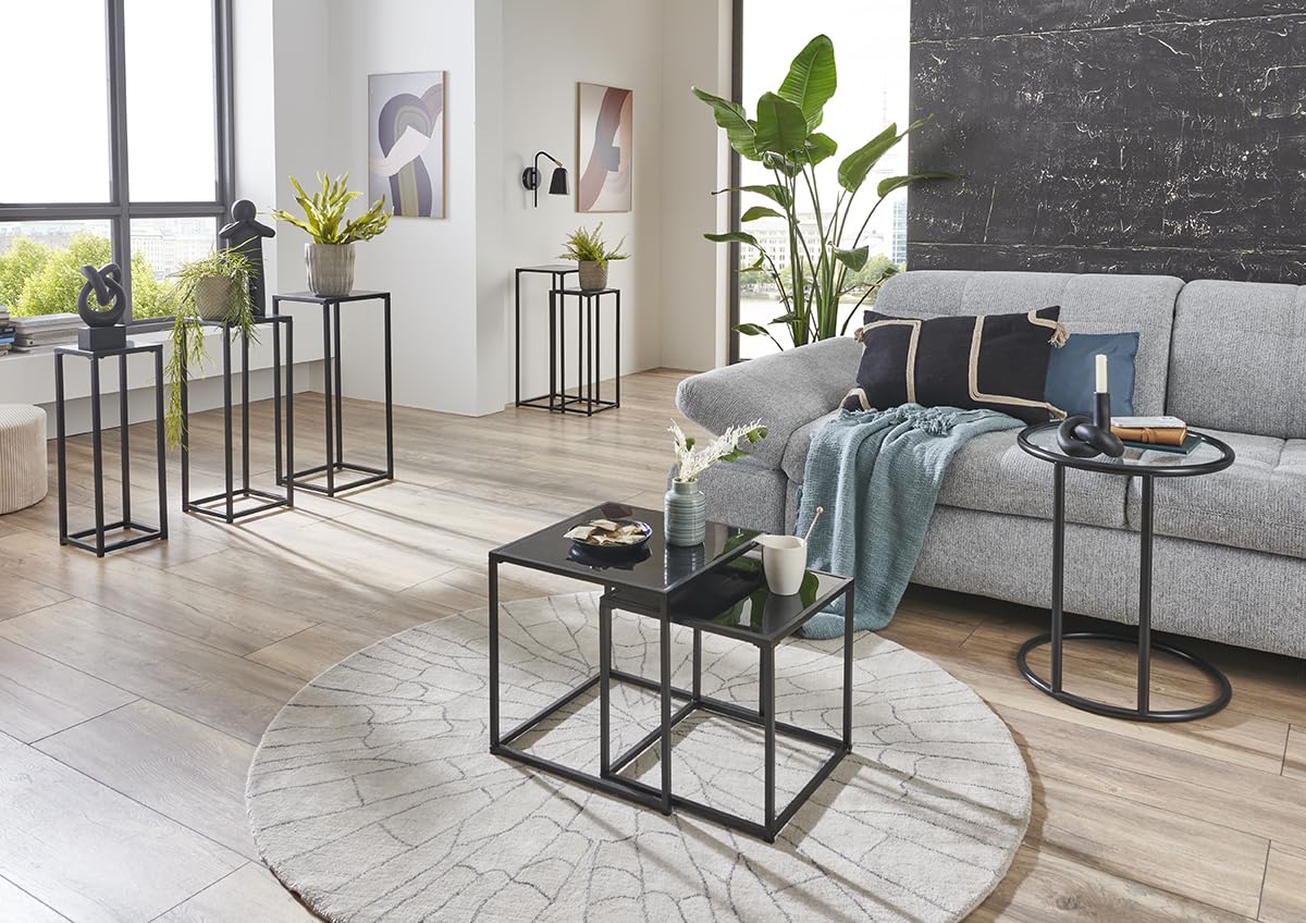 HAKU Set di 2 Tavolini in metallo nero Tavolino da salotto con vetro di sicurezza da 5 mm - Dimensioni: L 35/40 x A 35/40 x P 35/40 cm Stile: Moderno