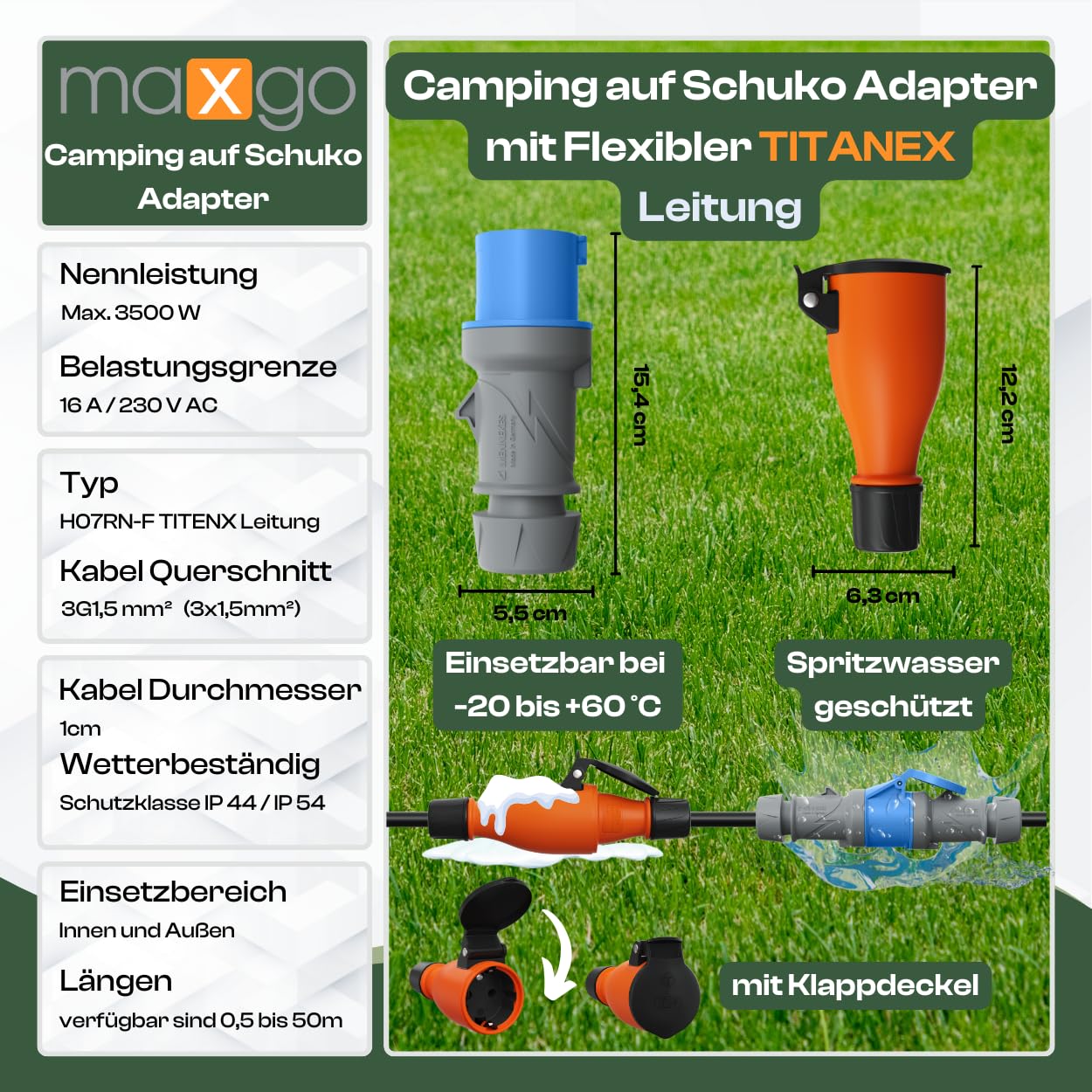 CEE auf Schuko Adapter 10m Camping Stromkabel TITANEX 3x1,5 Landstromkabel Wohnmobil Wohnwagen Kabel Camping Adapter 10 Meter Strom Verlängerungskabel CEE-Stecker Campingstecker