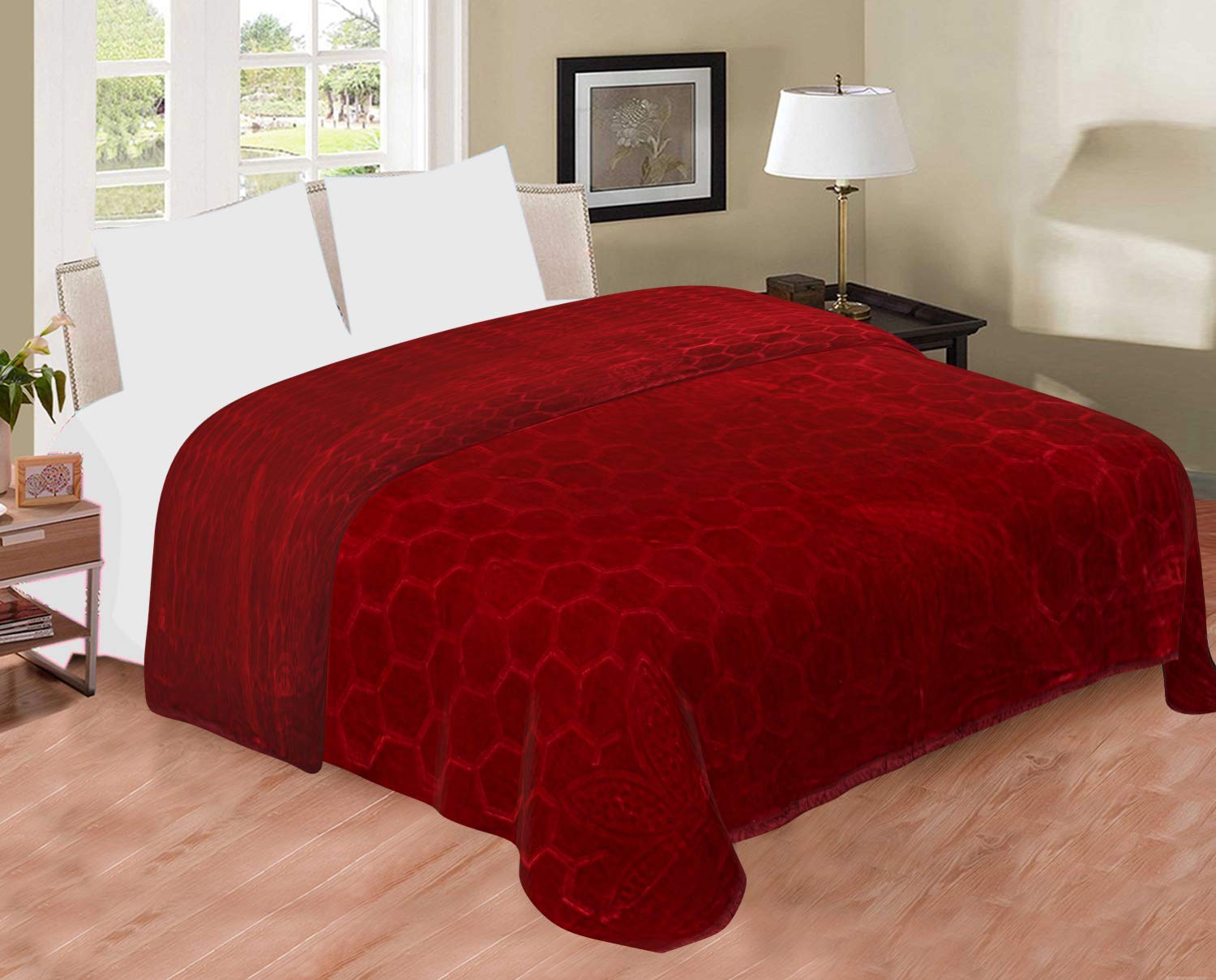 HOMECRUST Embossed Soft Plain Embossed Floral Double Bed Mink Blanket - (Maroon)