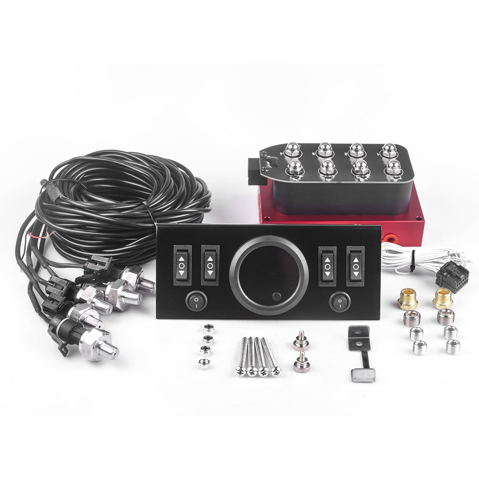 12V Solenoid 8-Valve Air Ride Suspension manifold valve Red with Control Panel Ship Type Switch, equipped with Five display air pressure gauge