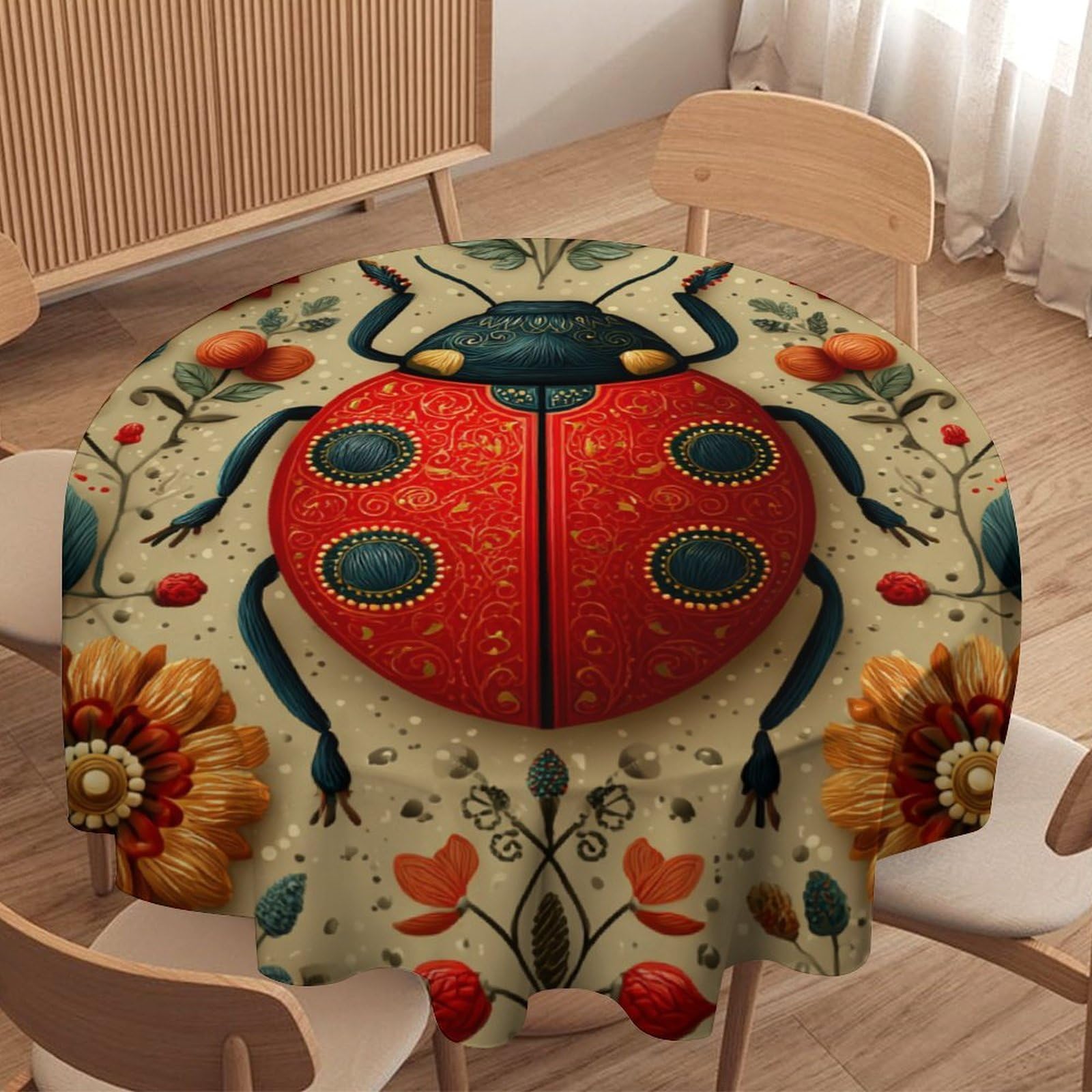 LUYYSKY Rustic Abstract Ladybugs Waterproof Round Tablecloth Classic Watercolor Boho Animals Ladybugs Plants Flowers Print Washable Table Cover for Kitchen-127 Wx127 L cm