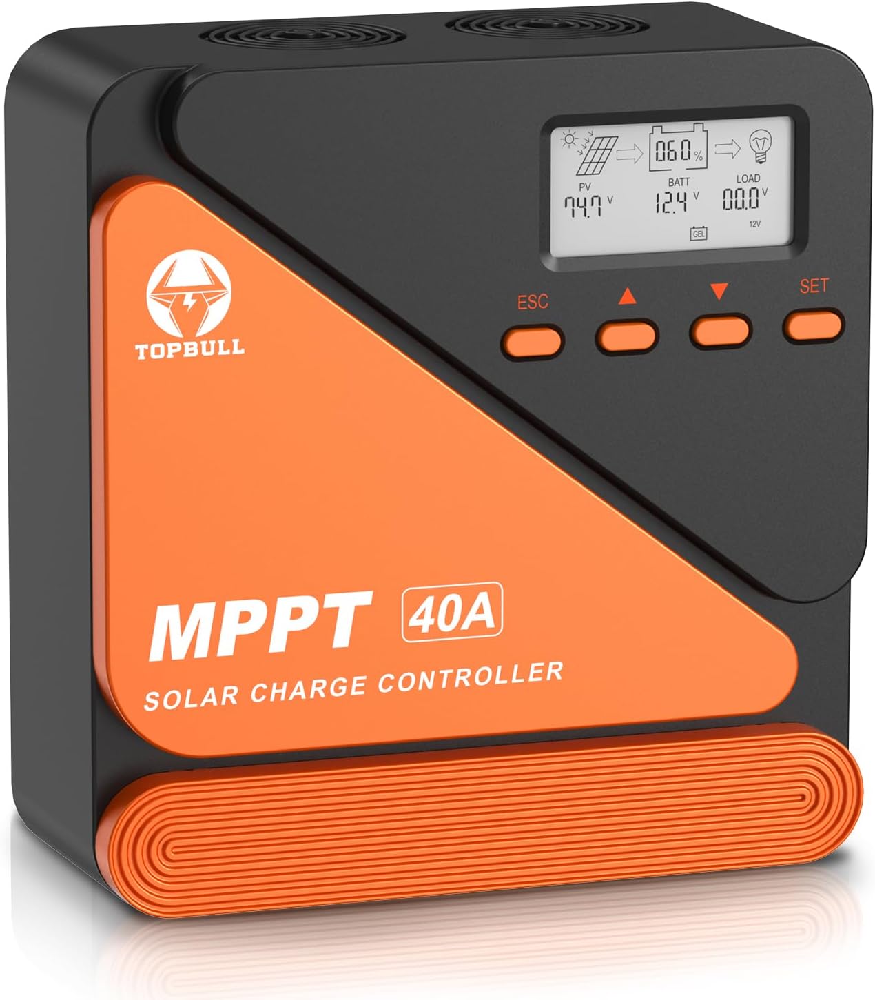 Davant view of the TOPBULL MPPT Solar Charge Controller 40A, showing the LCD display and control buttons.