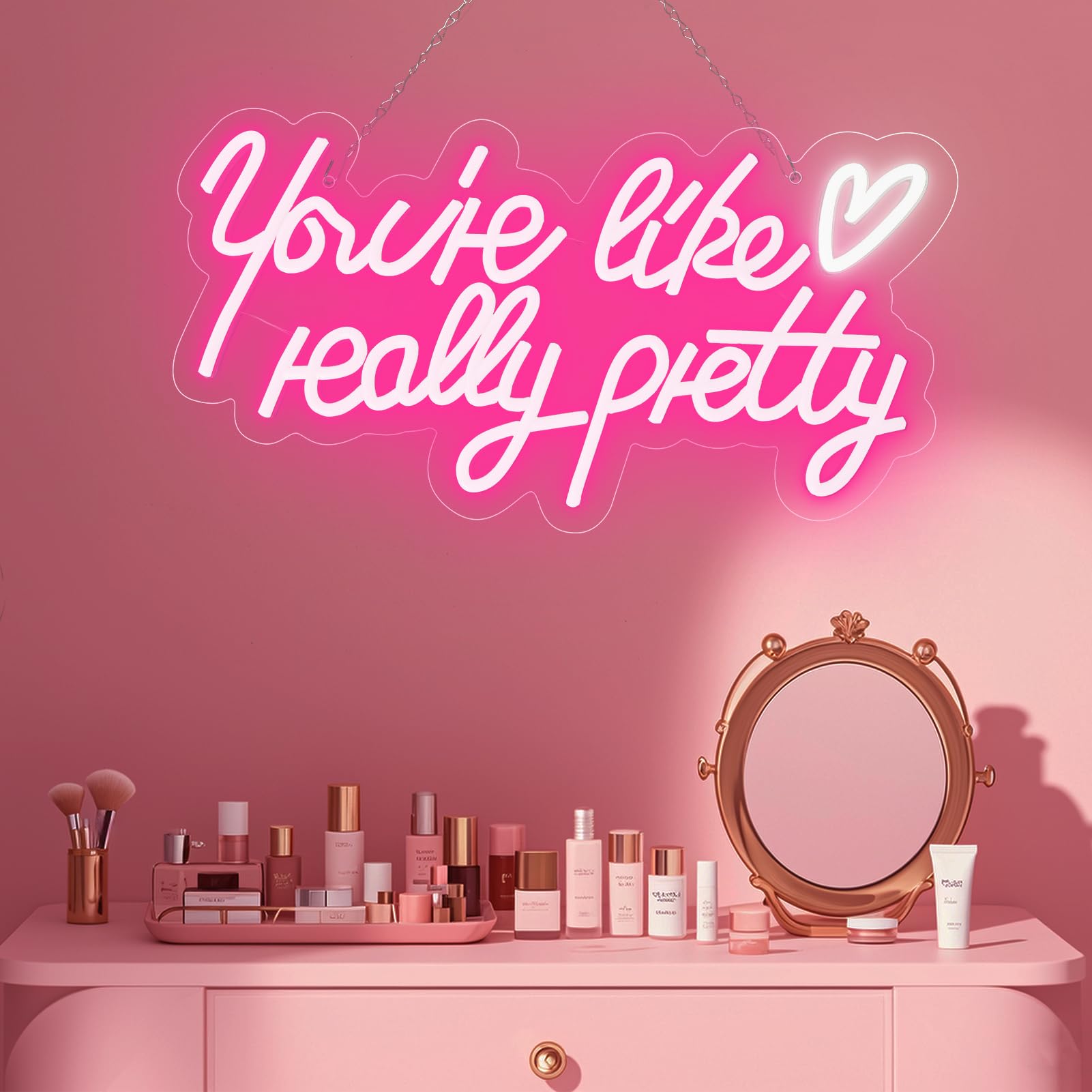 Aslanka You're Like Really Pretty Neon Sign with Heart, Pink LED Neon Light Wall Sign USB Powered, Dimmable LED Neon Sign for Bedroom Bachelorette Party Teen Girls Salon Room Wall Decor