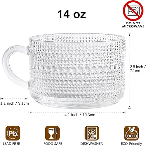 Miniatura 8 de Tazas de té de café vintage, tazas de vidrio de 14 onzas, juego de 2 vasos en relieve con asa, para capuchino, café con leche, cereales, yogur,