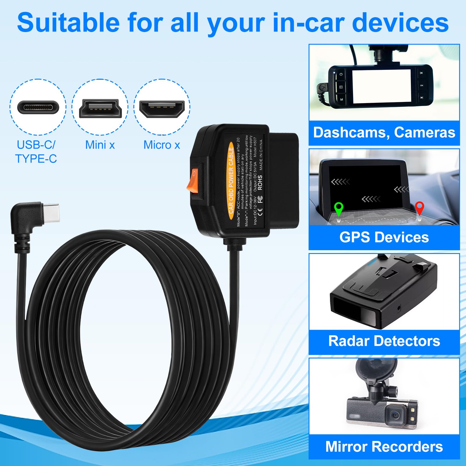 Kabel Zasilający OBD2 do Kamery Samochodowej, Zabezpieczenie Przed Niskim Napięciem (11,6V/23,4V) Adapter OBD do Typu C Tryb Parkowania 24/7 i Tryb wykrywania ACC Nagrywanie Ciągłe Plug & Play