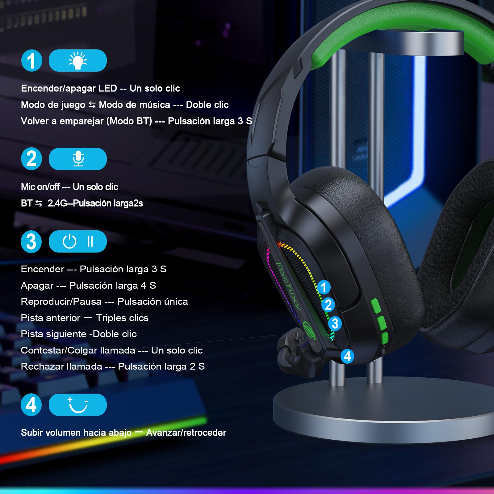 Fachixy「2025 Nuevo」FC200 Cascos Gaming Inalámbricos para PC, PS5, PS4, Auriculares Gaming Inalámbricos de 2,4GHz Wireless+Bluetooth - Baja Latencia, Duración 40Hr+, Luces RGB (Verde-Negro)