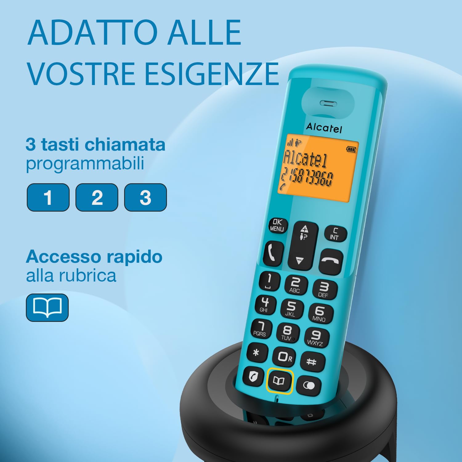 Alcatel E160 Blau Schnurloses DECT-Telefon mit Blockierung unerwünschter Anrufe, großes orangefarbenes hintergrundbeleuchtetes Display, leicht zu lesen, Klassische und polyphonische Klingeltöne