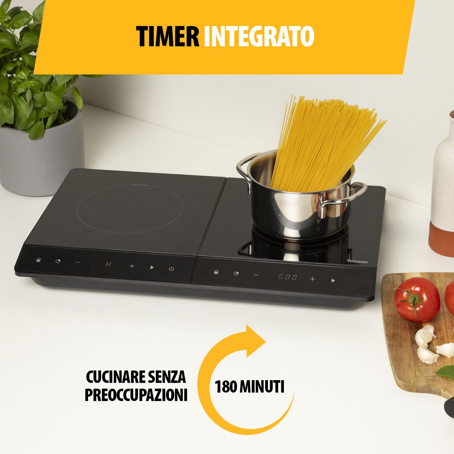 Tristar Fornello a induzione indipendente doppio, nuovo, ⌀19 e ⌀16 cm, 10 livelli di potenza, 3500 W, efficienza energetica, timer integrato, con protezione da surriscaldamento, IK-6162