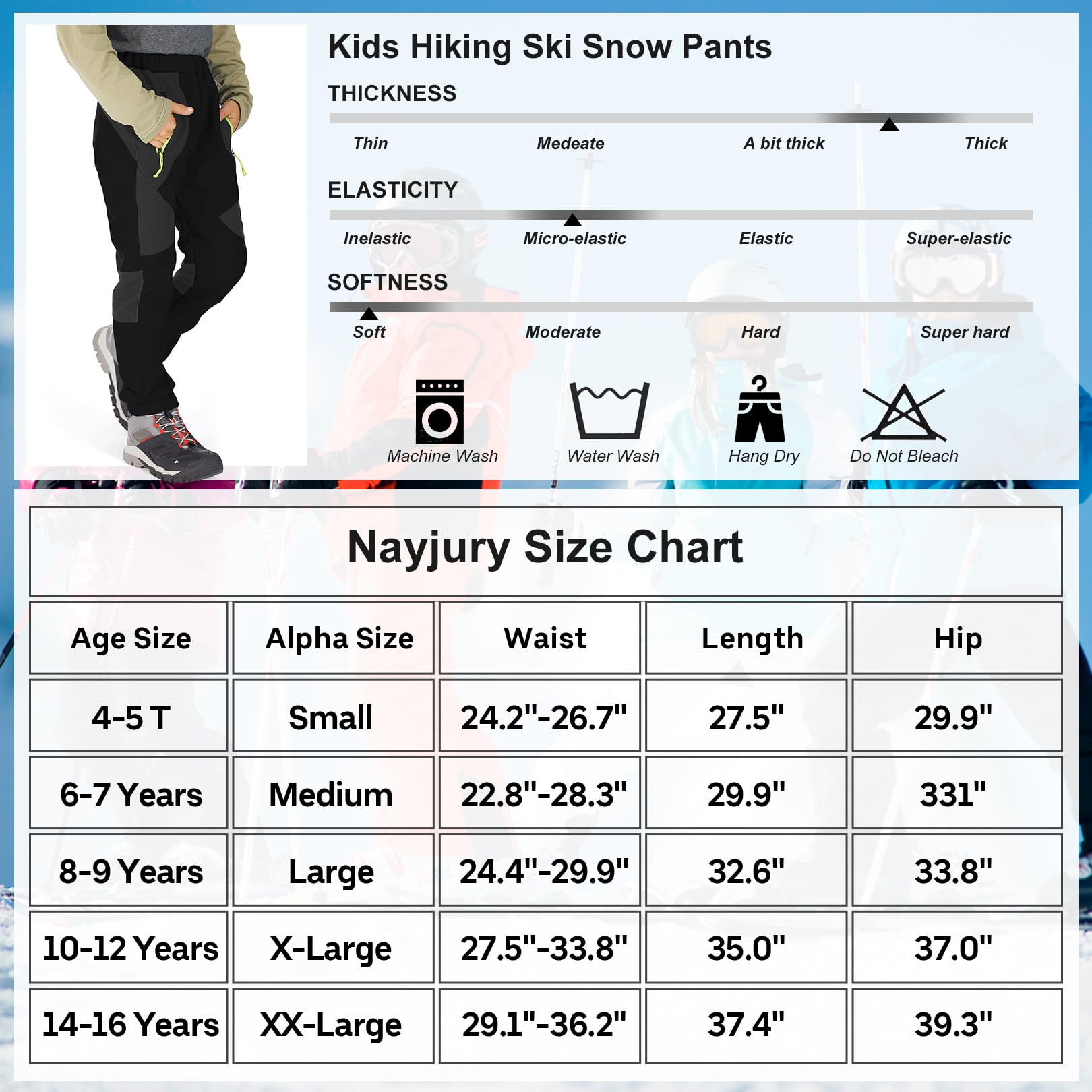 Pantaloni da sci per bambini, ragazzi e ragazze, impermeabili, invernali, caldi, elastici, foderati in pile, con tasche con cerniera