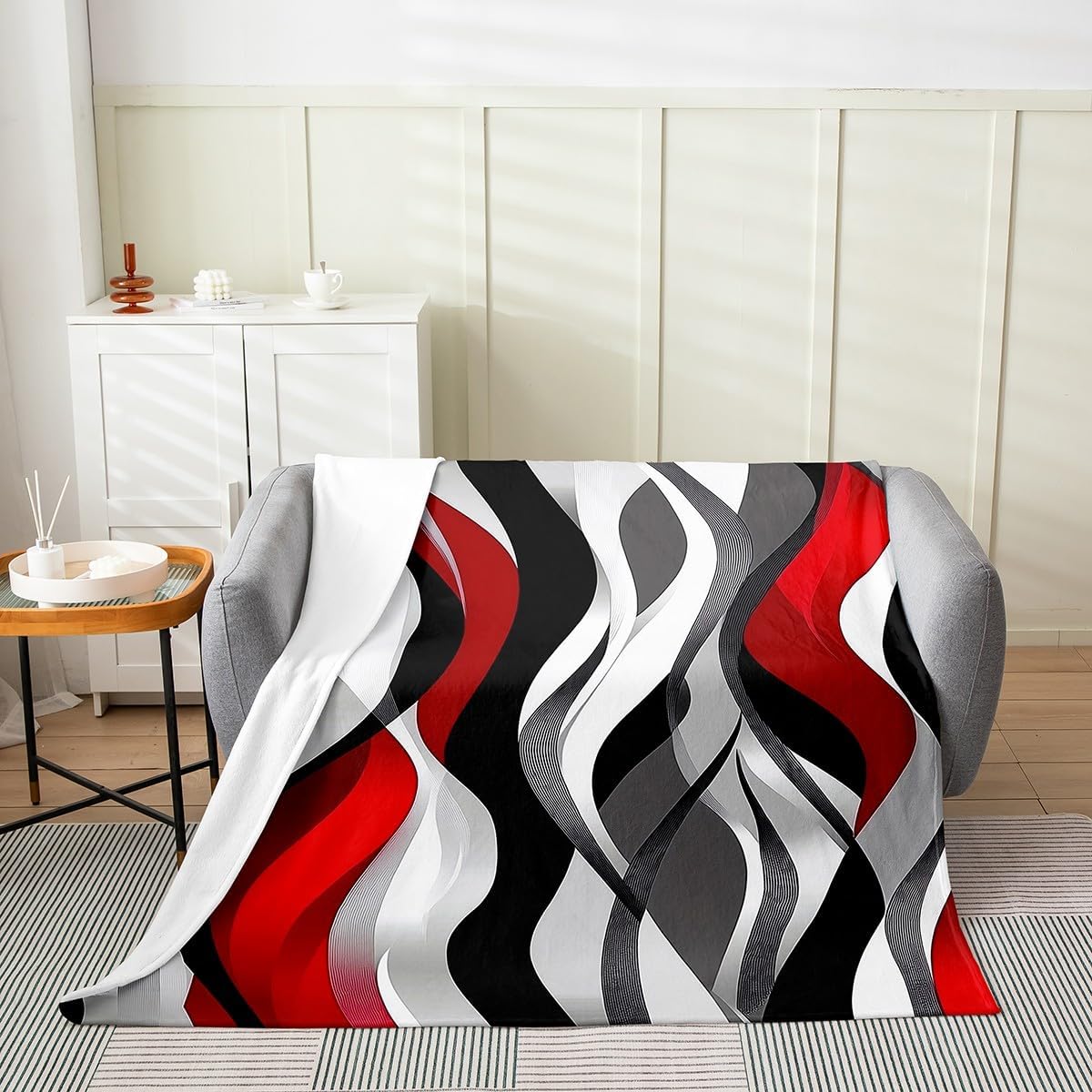 Orange Black Stripes Flannel Blanket,Abstract Geometric Striped Wave Throw Blanket,Modern Fashion Artwork Cozy Throws for Bed Couch Sofa,Simple Soft and Breathable,Queen Size (90 x 90 Inches)