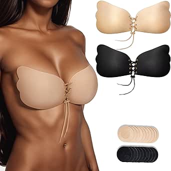 Adhesive Bra Strapless Sticky Bras 2 Pairs,Push Up Sticky Lifting (Black Nude/B