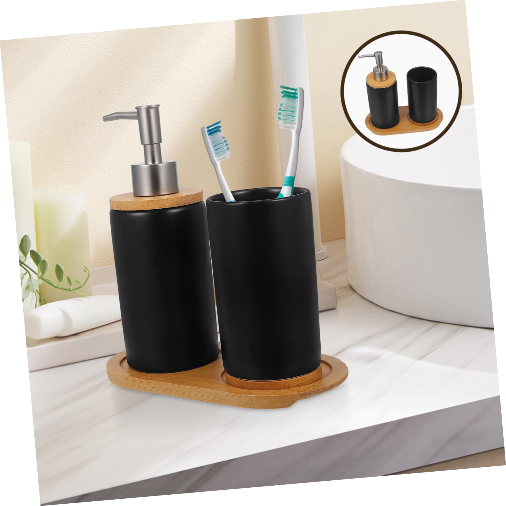 Badezimmer Accessoires Satz mit Zahnbürstenhalter Seifenspender (ca 430ml) aus Schwarzer Keramik und Bambus Zahnbürstenbecher (ca 350ml) und Ablage Stilvoll und Praktisch