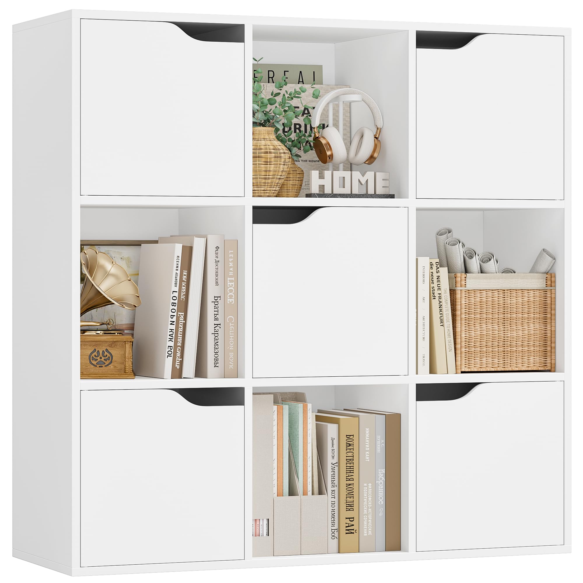 FirFurd Libreria a 9 Cubi Con 5 Porte, Armadietto 3 Ripiani, Scaffale Con 9 Scomparti a Cubi Portaoggetti, Stile Moderno, per Soggiorno, Camera da Letto, Ufficio 90x29x90cm Bianco