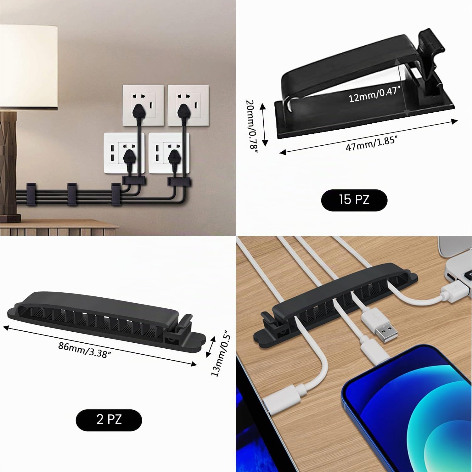 SOULWIT Kit gestione cavi, 4 guaine per cavi, 37 clip, 7 supporti per cavi, 10 attacchi a zip, 20 fissatori con chiodi, 100 fascette per cavi, 20+2 cinghie per cavi per TV PC computer