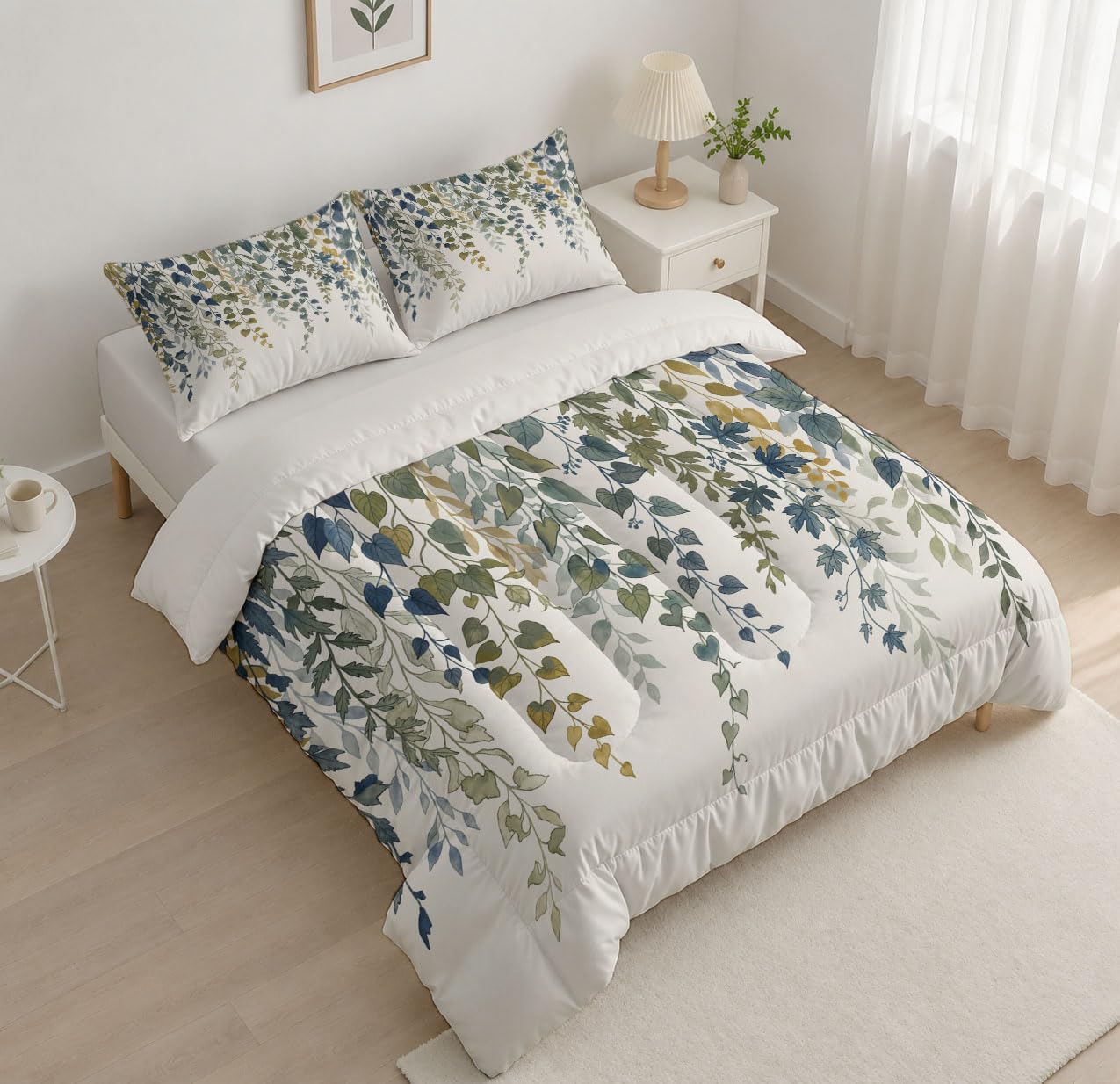 Bettdecke 220X240 cm 4 Jahreszeiten, Olivgrün Handbemalte Pflanzen Steppdecke, Weinende Blätter Warme Ganzjahresdecke Bettdecke Ohne Bezug Waschbar Schlafdecke Mit 2 Kissenbezug