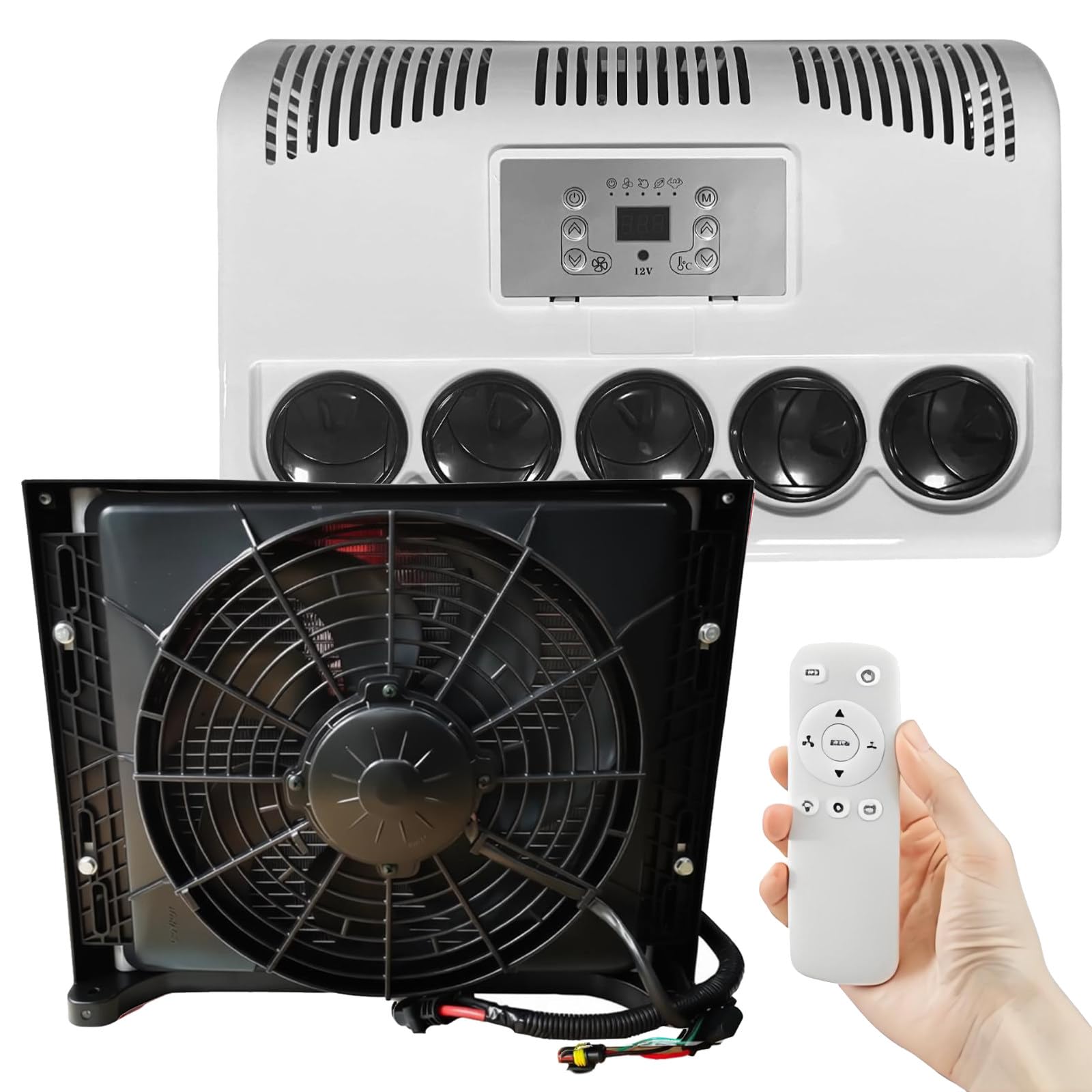 Quixnova 12V/24V Air Conditioner Truck Cab AC Air Conditioner Kit for Semi Trucks Bus RV Caravan, Electric RV Air Unit with Digital Display Screen & Remote Control, Fast Cooling Black-24V