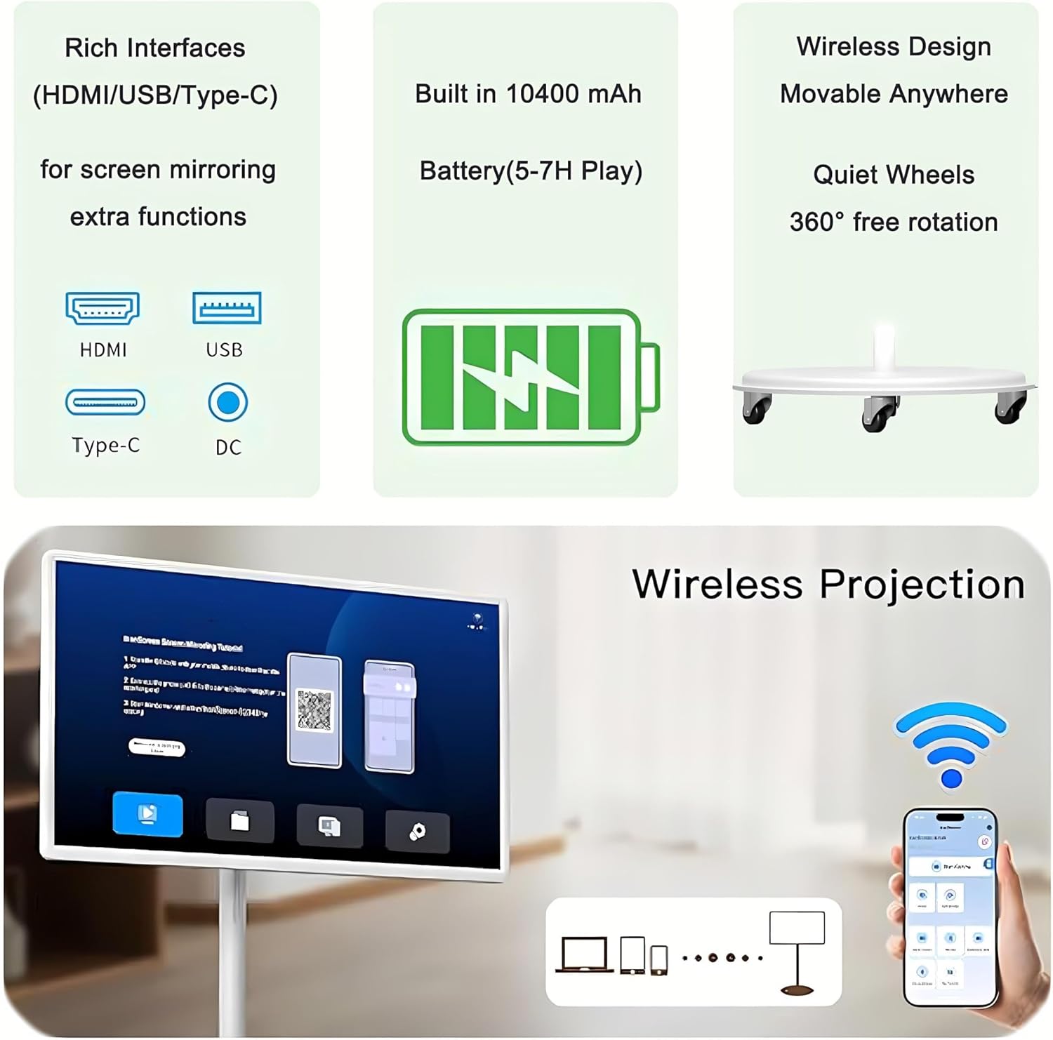 Wireless Portable Smart TV with Touch Screen, 21.5” Android Display, 10400mah Battery, Rolling TV on Wheels for Home Gym, Classroom & Entertainment(4+64GB)