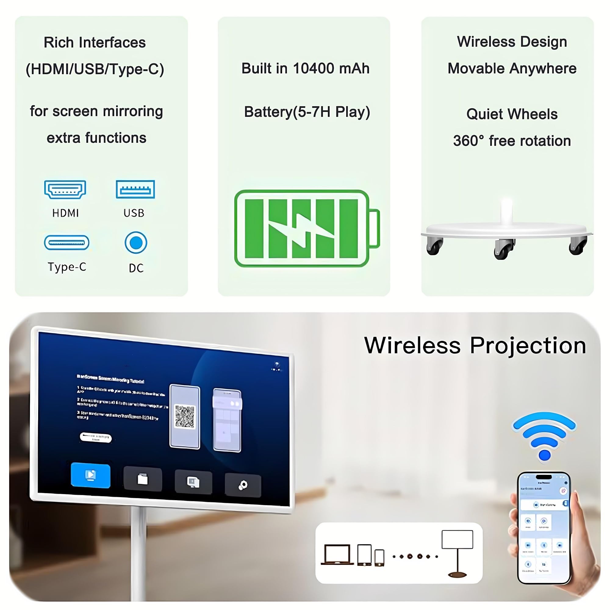 Smart TV Android 13 de 21,5” con Pantalla Táctil Full HD – Televisor Portátil con Batería Integrada y Ruedas para Uso en Casa u Oficina(4+64GB)
