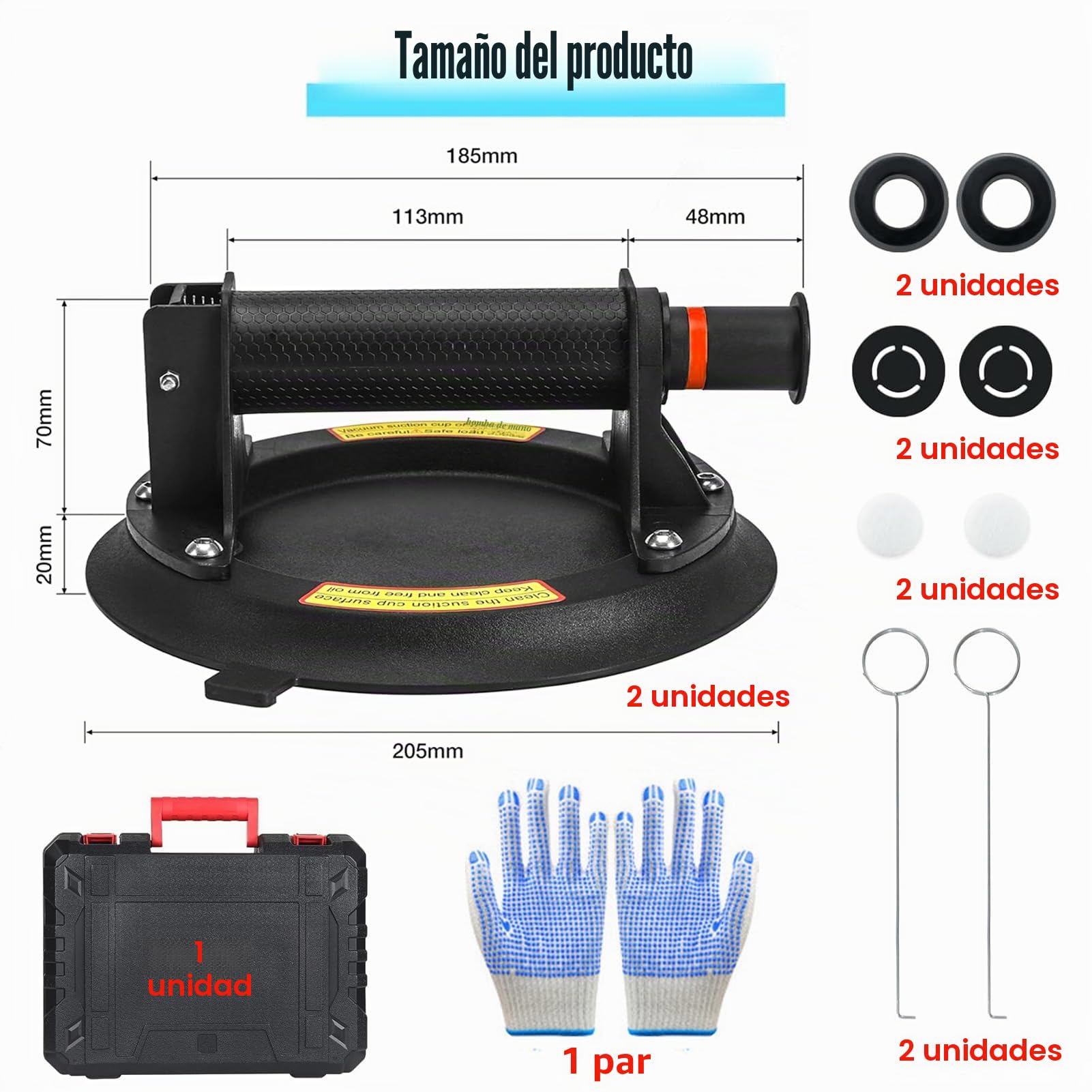 Pack de 2 Elevador de ventosa de 8" Elevador de azulejos Ventosa de cristal, Elevador de vacío Elevador de ventosa Elevador de cristal, Elevador de ventosa para cristal, Potentes ventosas industriales