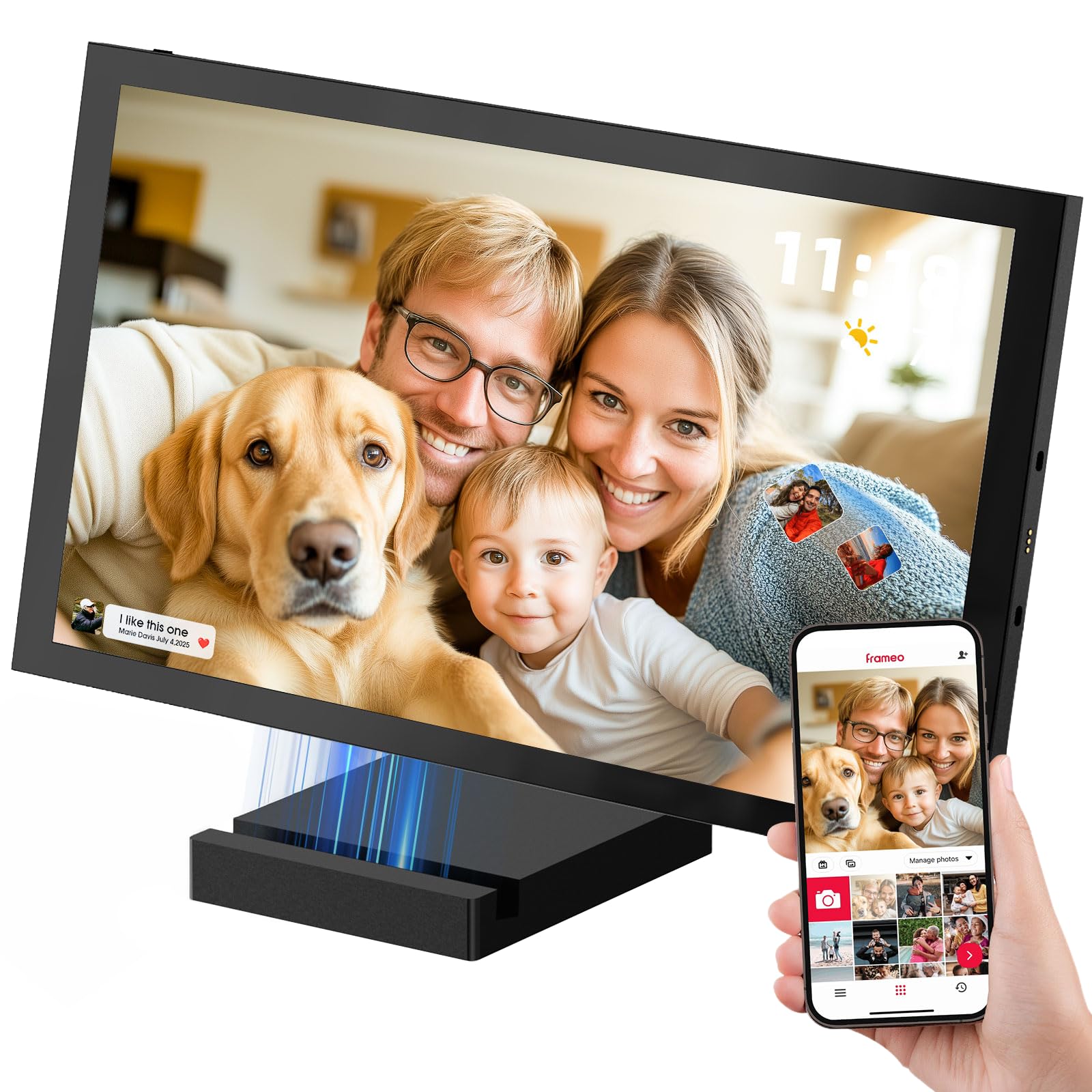 64 GB Frameo Digitaler Bilderrahmen 10,1 Zoll WLAN, 5000mAh Akku mit kabellosem Laden, HD IPS Touchscreen, Kalender & Ereigniserinnerung, Auto-Rotation, Foto- & Video-Übertragung via FRAMEO App