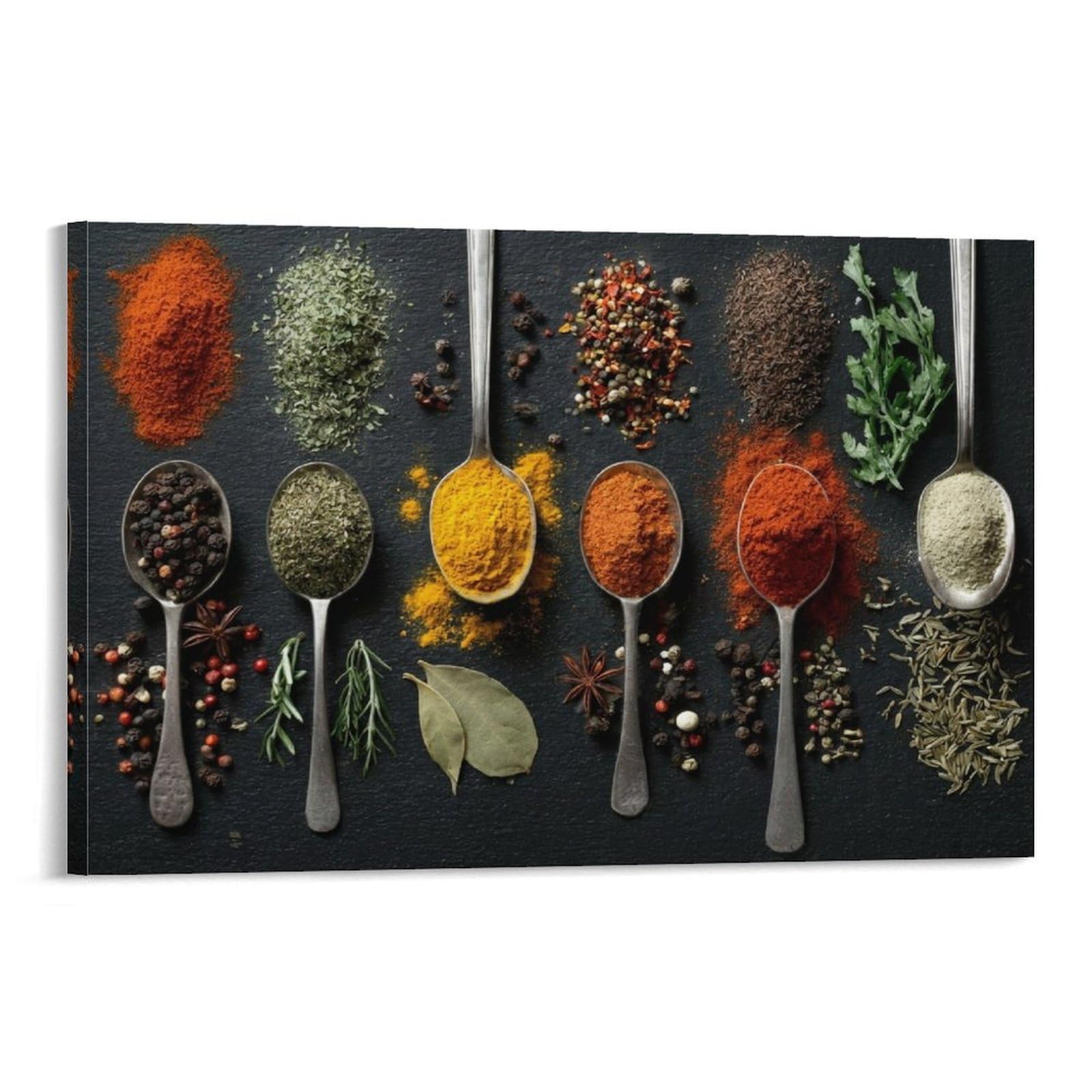 CPLVKWRQJ Spices And Herbs Display Single Assorted Colorful Spices on Metal Spoons Framed Canvas Wall Art - Living Room Gallery Wall Statement Piece Fade Resistant Decor 16x24inch(40x60cm)