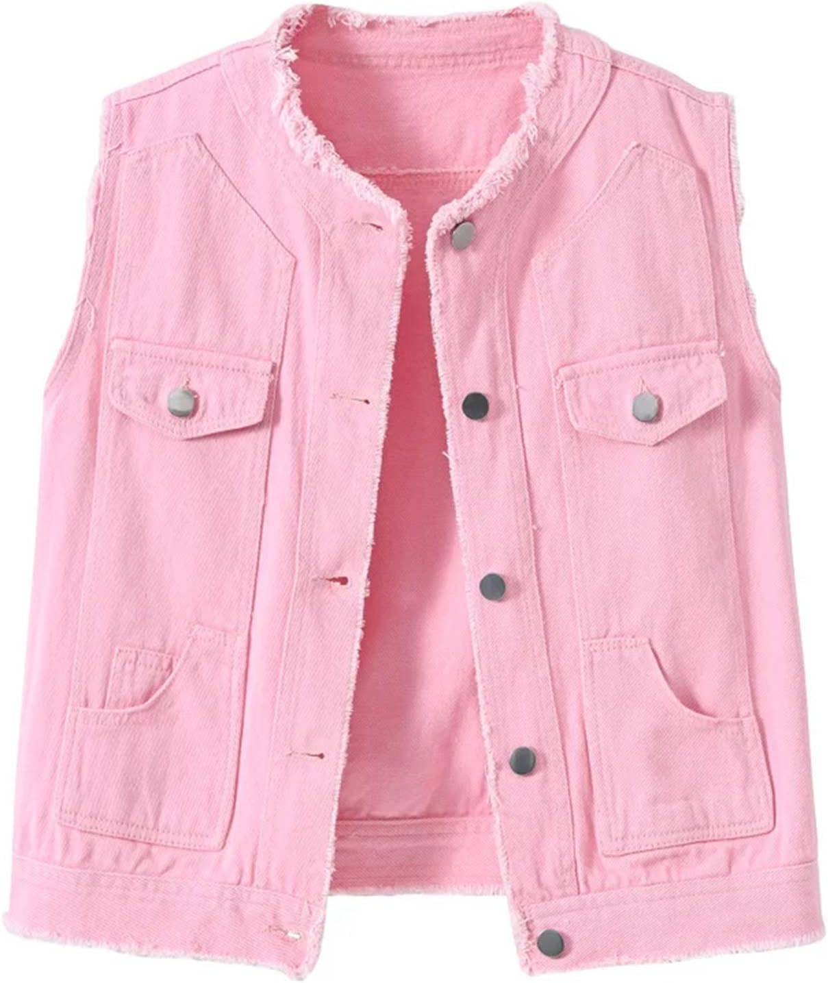 Women Suit Collar Denim Vest Big Pocket Slim Sleeveless Jean Jacket Casual Waistcoat