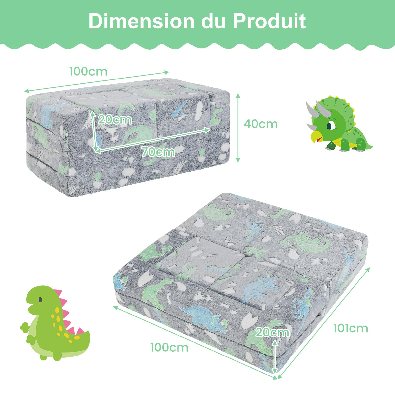 COSTWAY Canapé Enfant 2 Places Lumineux (Brillant dans Le Noir) avec Motif Dinosaure, Fauteuil Enfant Convertible en Tissu avec Housse Lavable, Canapé Modulaire Phosphorescent pour 3 Ans+