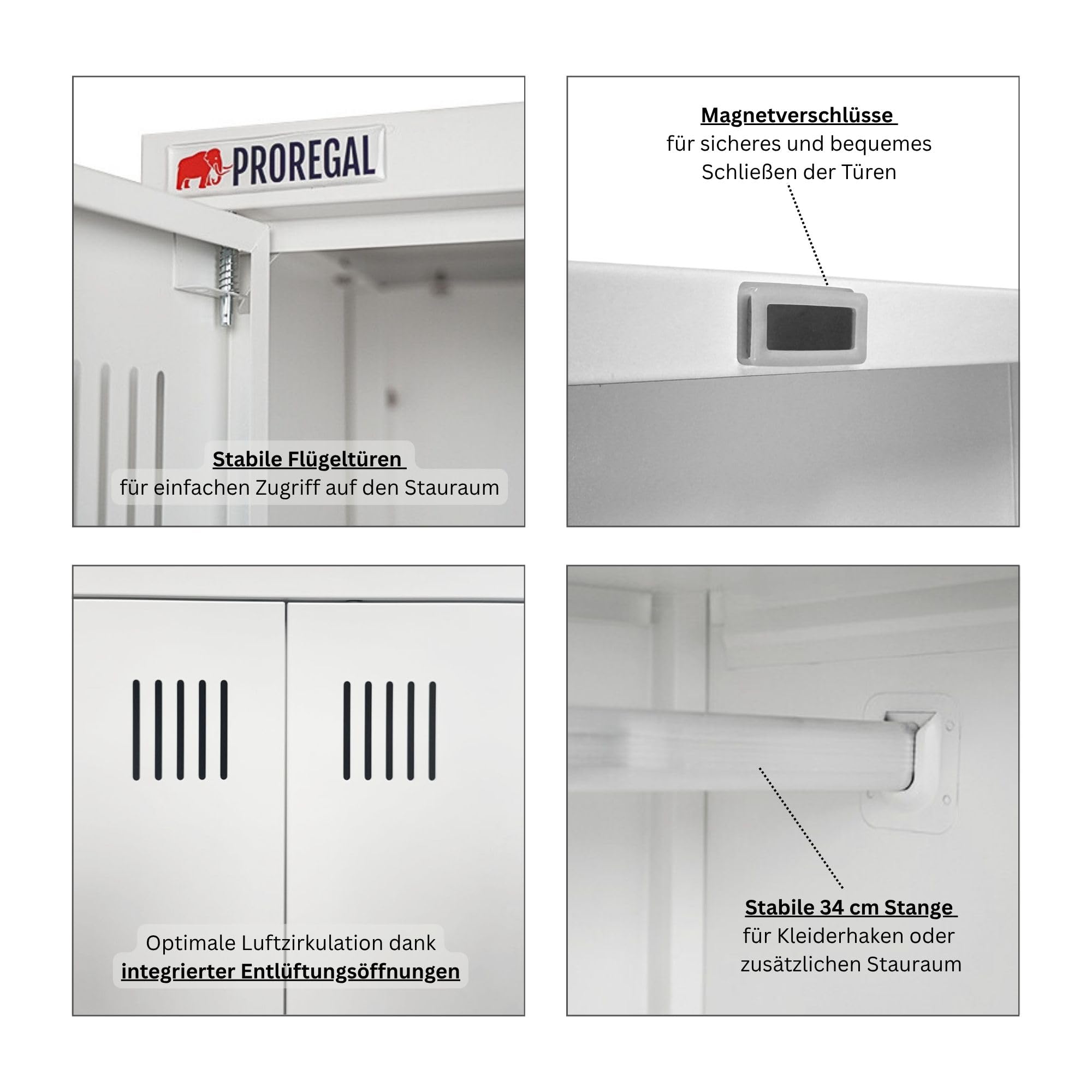 PROREGAL Putzmittelschrank Rhino Metall 2 Türen abschließbar Besenschrank schmal 170x70x30cm 5 Fächern & Kleiderstange Stahl Weiß Putzschrank Mehrzweckschrank Haushaltsschrank Flügeltürenschrank