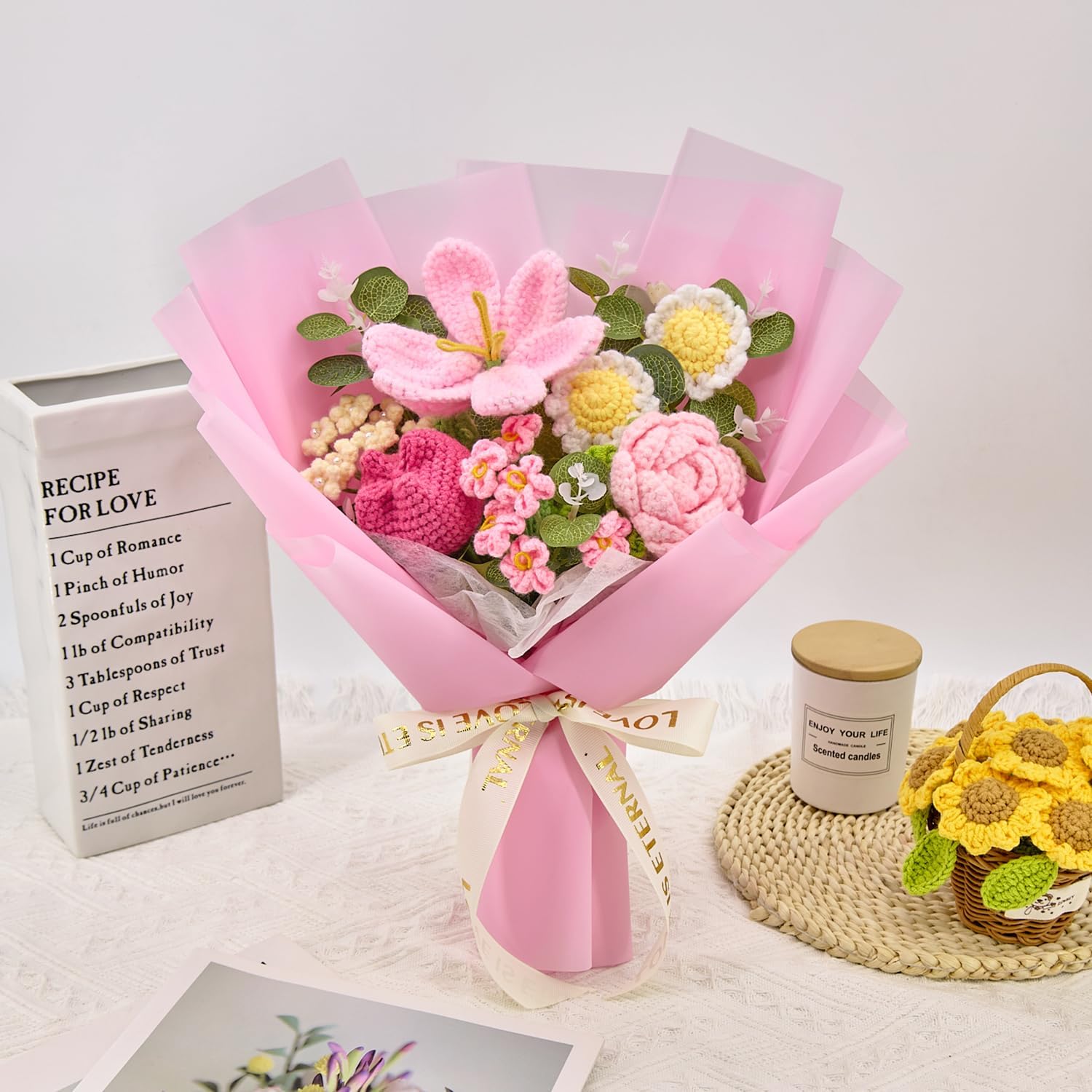 YSHomy Crochet Flowers, Crochet Flower Bouquet with Tulips, Roses & Daisy,Crochet Bouquet for Mom, Graduation Flowers, Get Well Soon Gift(Pink,Include Card)