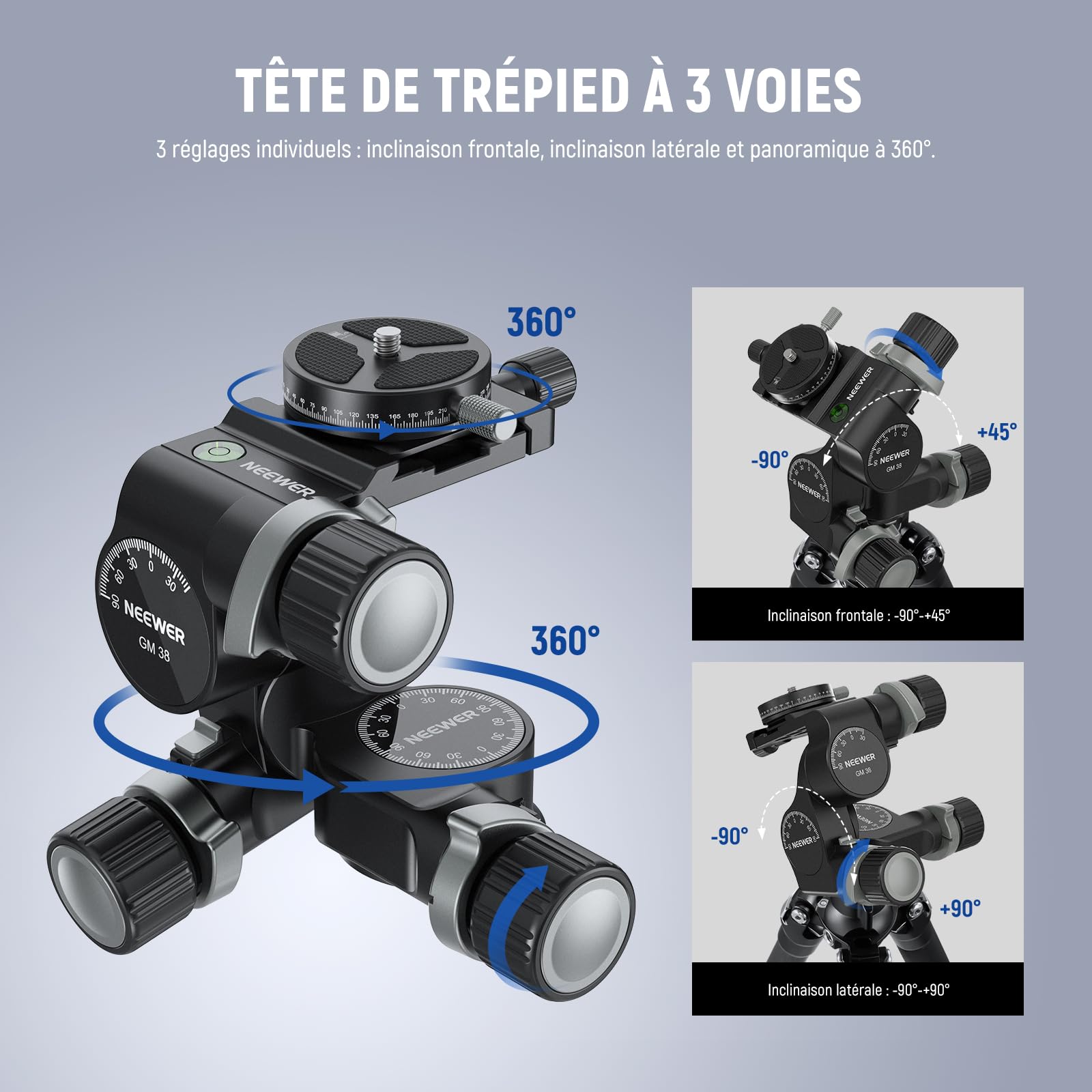 NEEWER Tête de Trépied à 3 Engrenage, 360° Plaque panoramique Arca QR,TH15 | Réglage Micro Millimétrique, Alliage d'Aluminium, Rotule 3 Axes, Double Mode Rapide Grossier/Fin, Charge Max.13.2lb/6kg