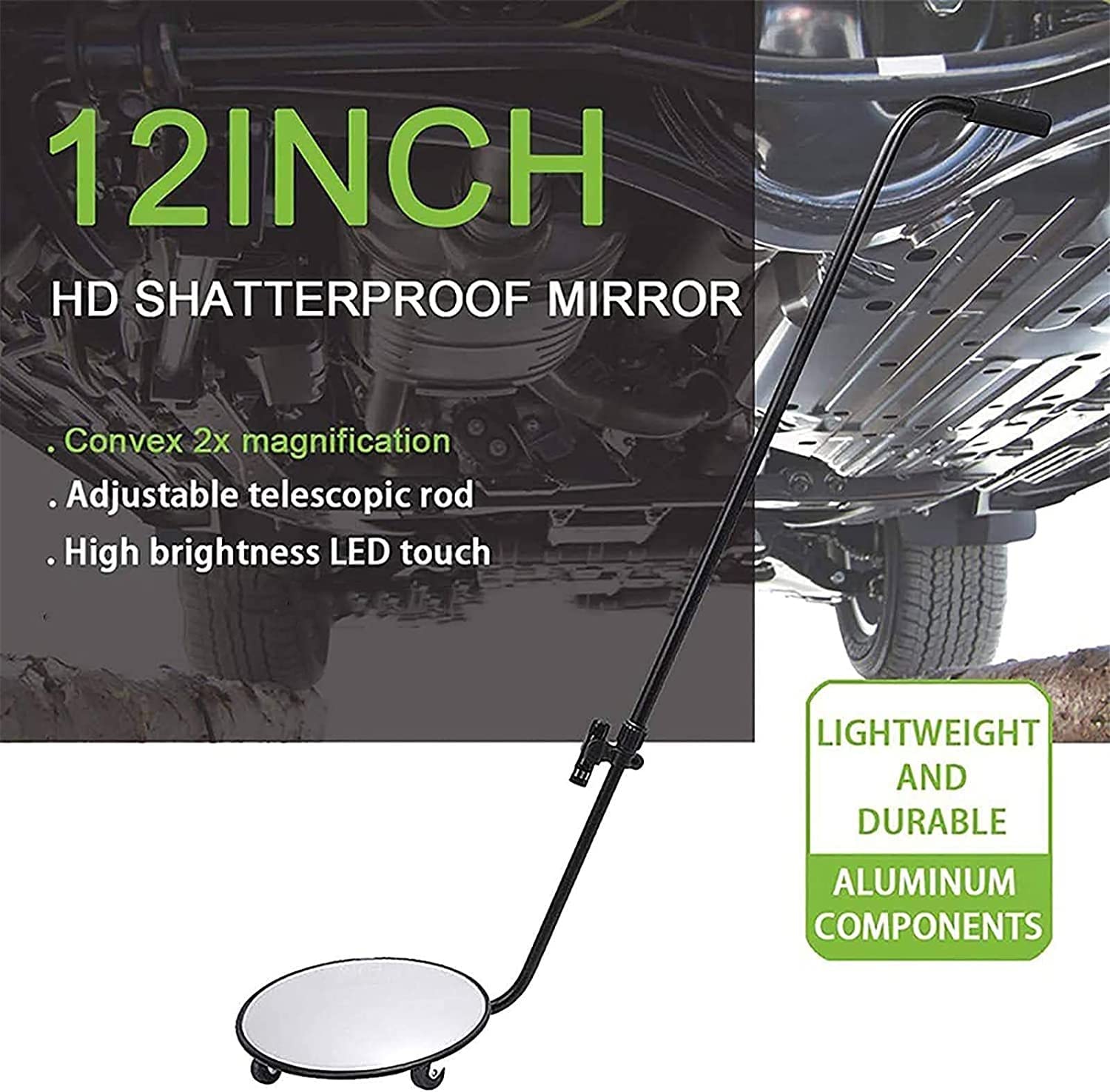 Espejo De Inspección para Vehículos, Espejo De Inspección Inferior para Vehículos con Luz Led, Espejo De Seguridad Telescópico De 90-140 Cm para Inspección De Automó
