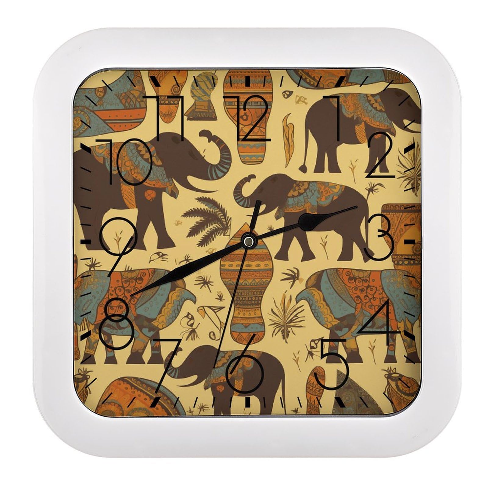 MUSM 10.2 X 10.2 Inch Modern Africa Elephant Wall Clock Battery Operated High Accuracy Decorative Square Clocks for Kitchen Bedroom Living Room Home Office Porch