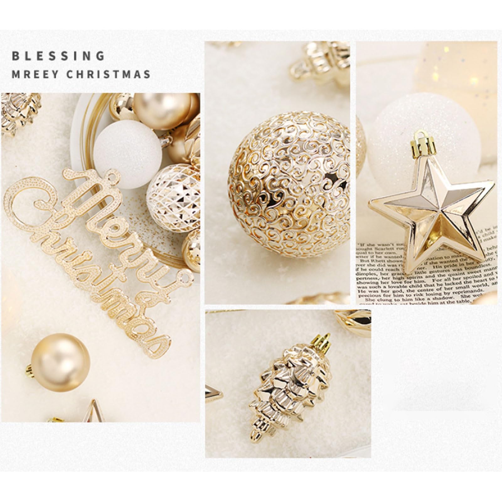 65-teiliges Weihnachtsbaumschmuck-Set, Verschiedene bruchsichere Kunststoffkugeln und „Frohe Weihnachten“-Schilder, dekorative Hängekugeln for Weihnachten(Gold)