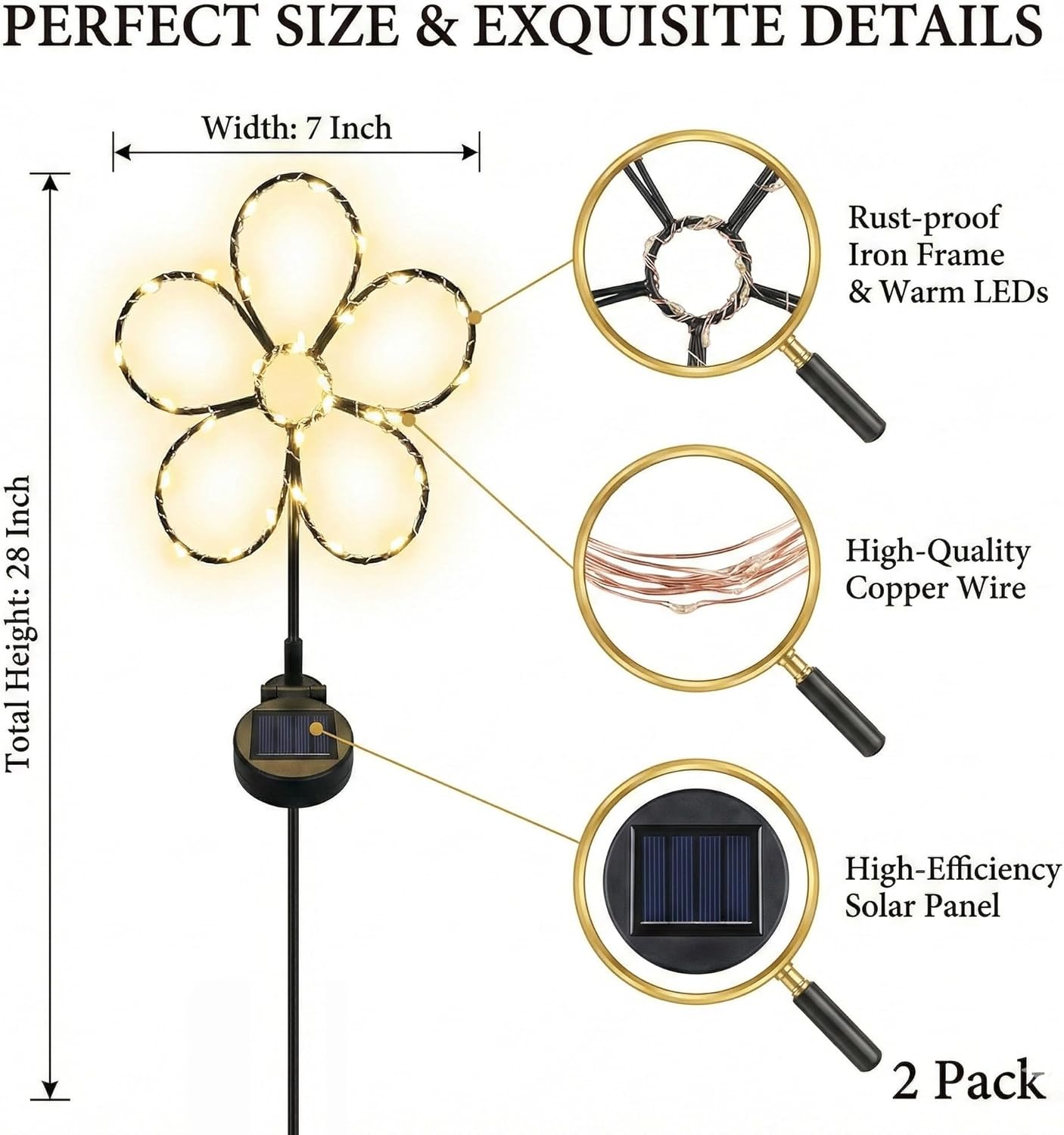 Touch Of ECO Outdoor Solar Powered LED Decorative Garden Stake Light - 2 Pack Warm White Flower Design - Great Decor for Yard, Patio, Lawn, Planter-Makes a Great Gift