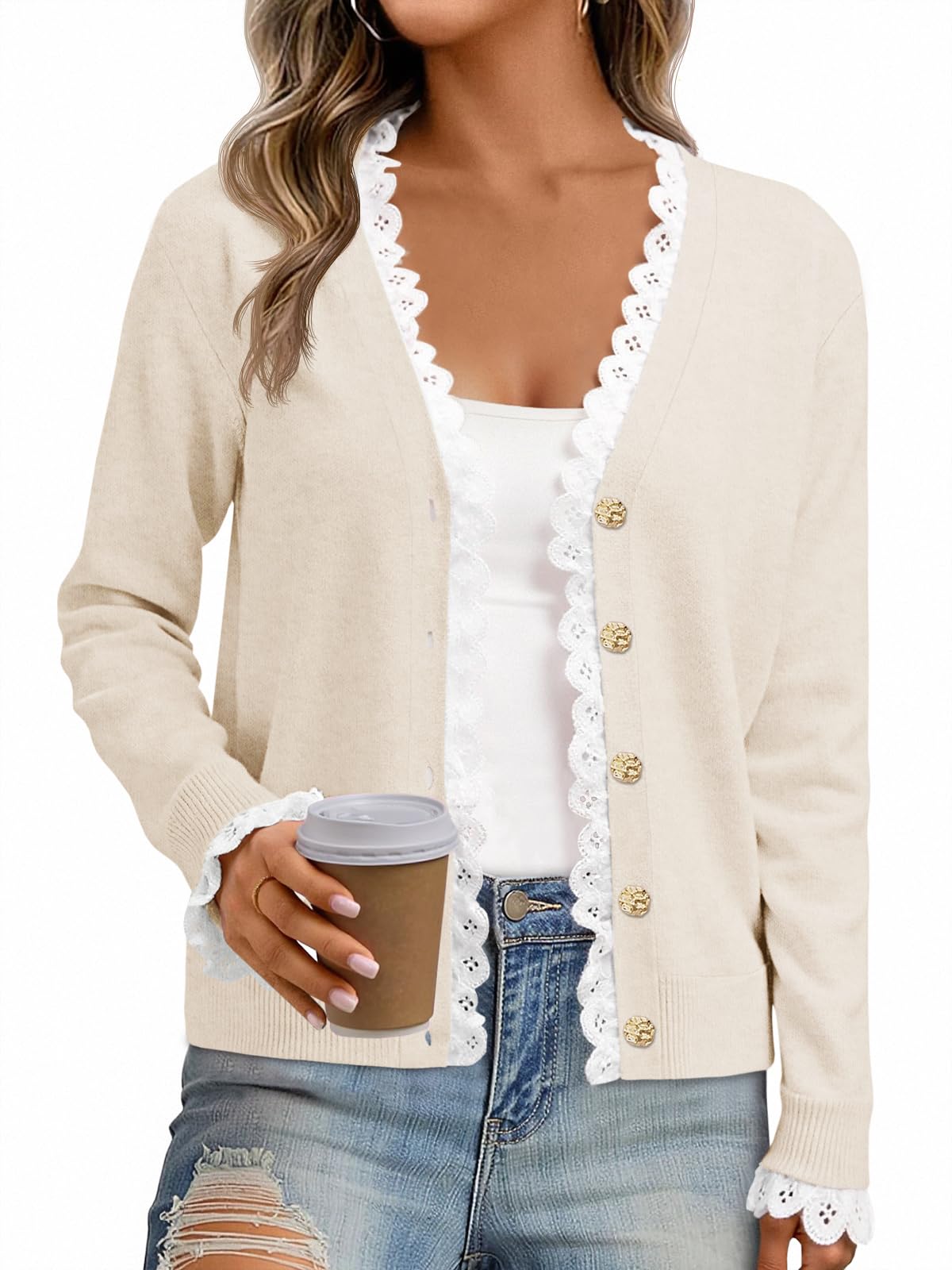 Cicy Bell Womens Lace V Neck Cardigan Sweaters Button Down Long Sleeve Knit Tops Fall Trendy Lightweight Open