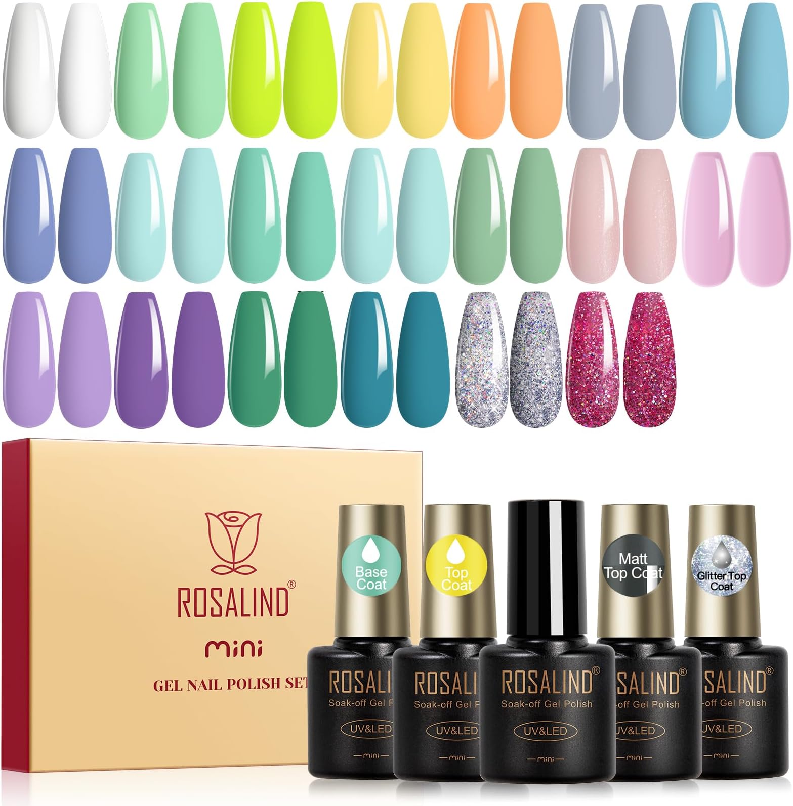 ROSALIND 18PCS Gel Nail Polish Set with Base Top Coat (Glossy Matte and Glitter),14 Pcs Blue Green Colors Gel Polish Set Spring Colors Soak Off Nail Polish Gel Nails Art for Women